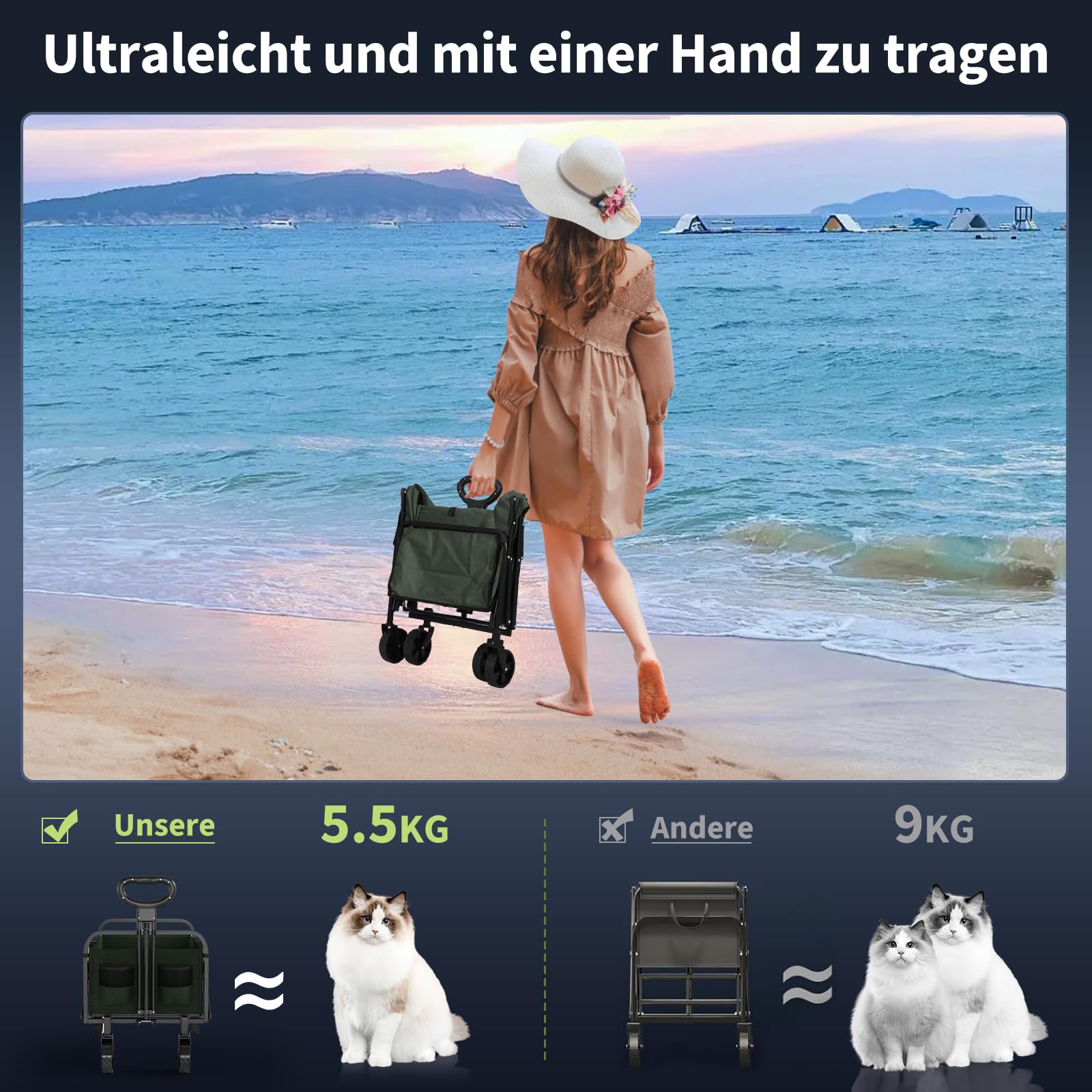 Carrello pieghevole Garvee per impieghi gravosi, capacità di 380 libbre, con pneumatici da 5" per tutti i terreni, per spiaggia e campeggio, telaio in acciaio, tessuto Oxford 600D, pieghevole, portatile, nero