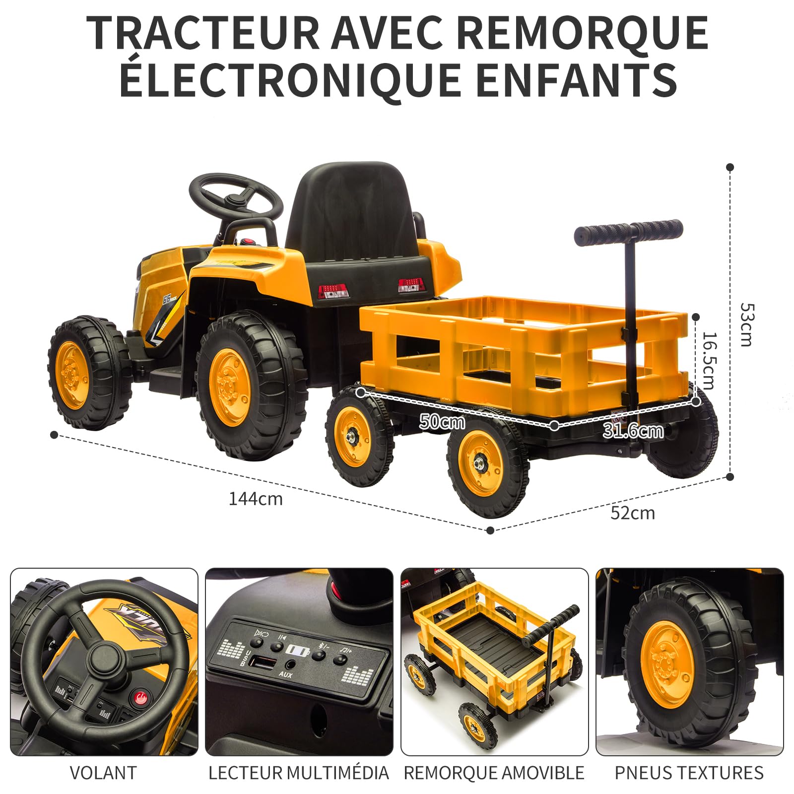 Trattore per bambini Garvee Kids Tractor 12V Twin Motor – Giallo classico con telecomando, rimorchio e suoni realistici per bambini e bambine dai 3 anni in su in giardino o cortile.