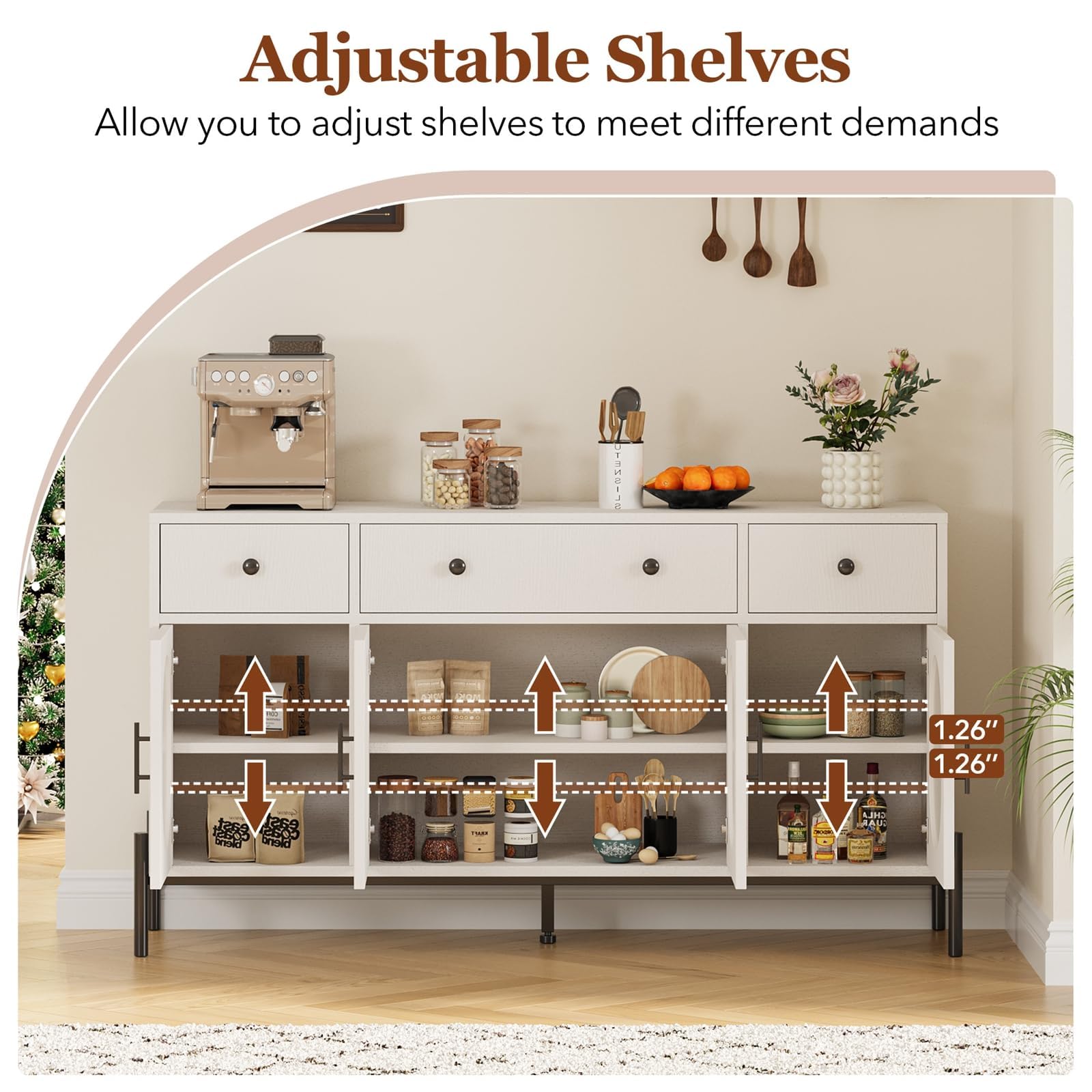 Mobile buffet Garvee da 62'' con spazio di archiviazione, 3 cassetti, 4 ante in vetro scanalato per cucina e sala da pranzo, legno e metallo, robusto, versatile