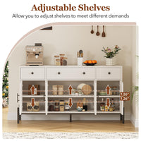 Mobile buffet Garvee da 62'' con spazio di archiviazione, 3 cassetti, 4 ante in vetro scanalato per cucina e sala da pranzo, legno e metallo, robusto, versatile