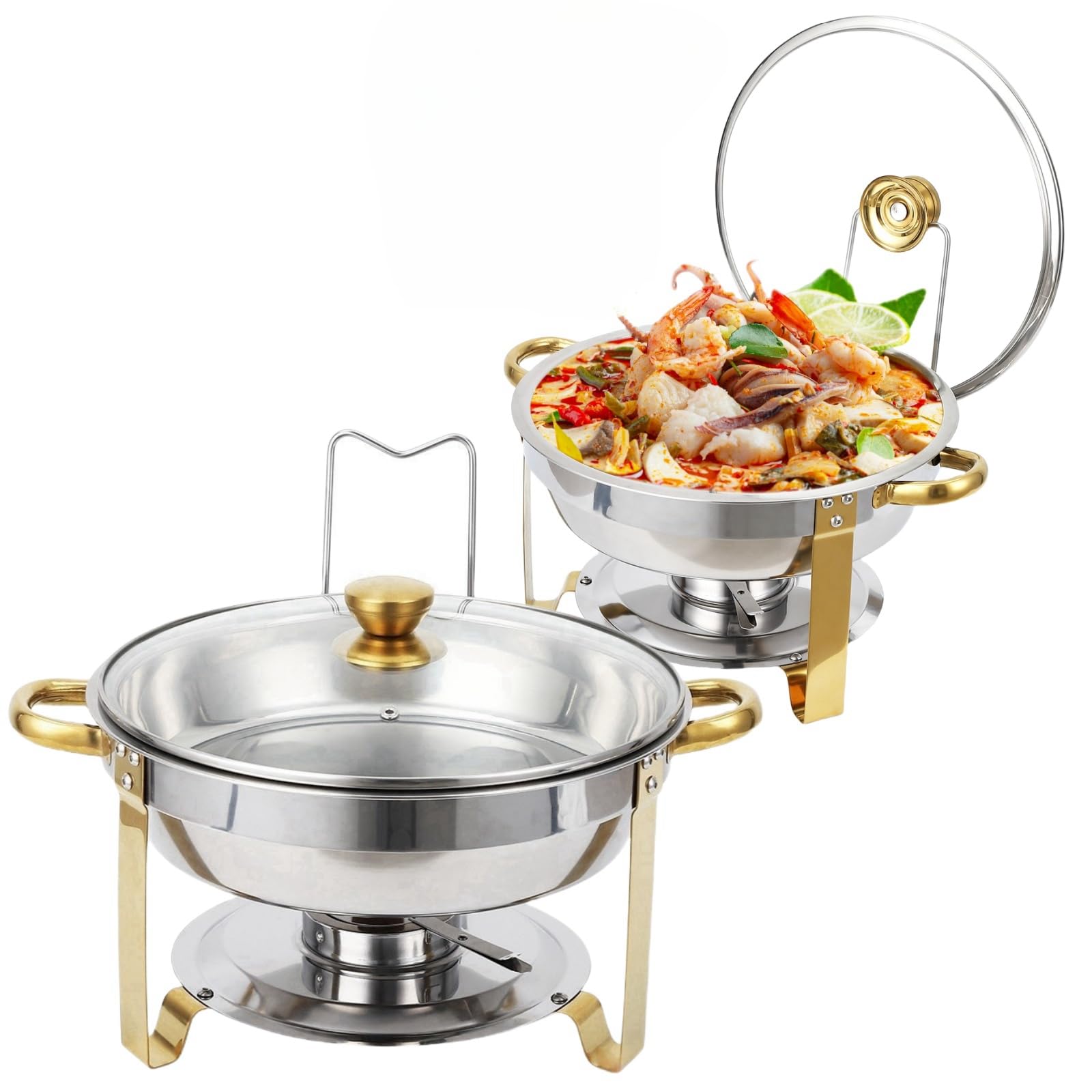 Set di scaldavivande Garvee, 2 pezzi, 5 QT, acciaio inossidabile, coperchi in vetro con bordo dorato, controllo della temperatura, catering