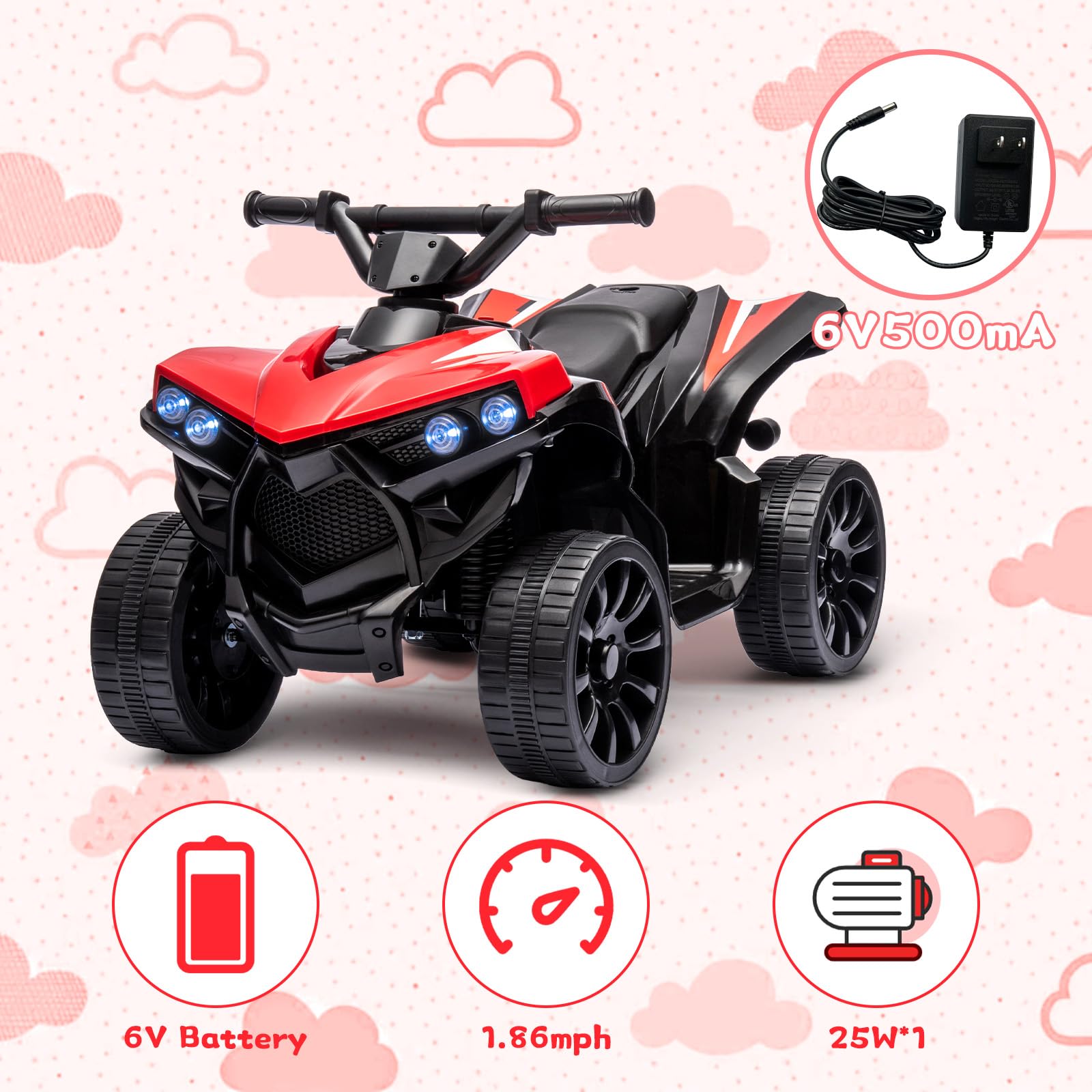 Garvee Electric Quad Kids 6V ATV Red – Con luci LED, musica e batteria a lunga durata per bambini dai 3 ai 6 anni in giardino o cortile.
