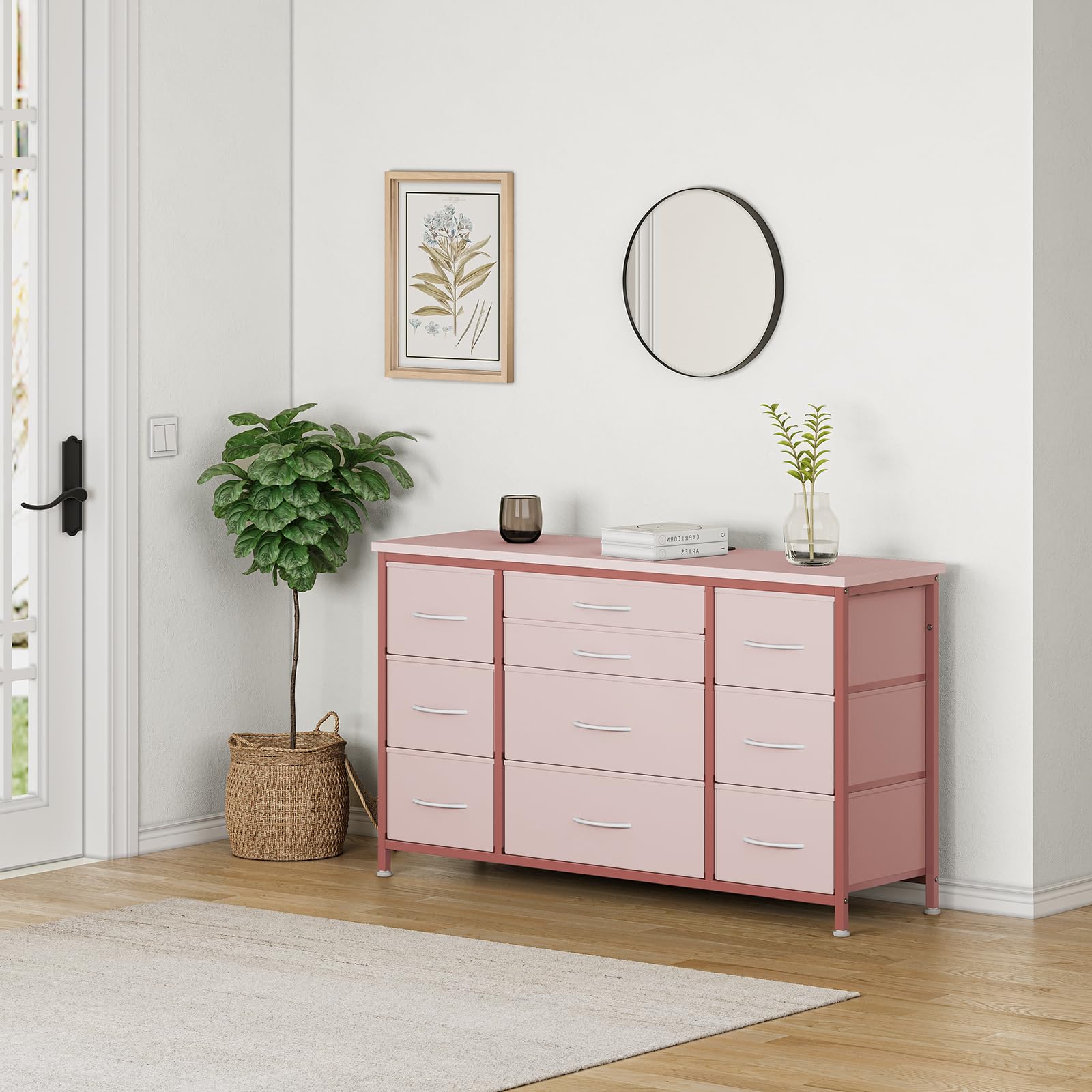 Cassettiera GARVEE con cassetti, credenza con 10 cassetti in tessuto e 3 prese di corrente, cassettiera per soggiorno, credenza per ingresso, mobile contenitore con rivestimento in tessuto, robusta struttura in metallo, piano in legno