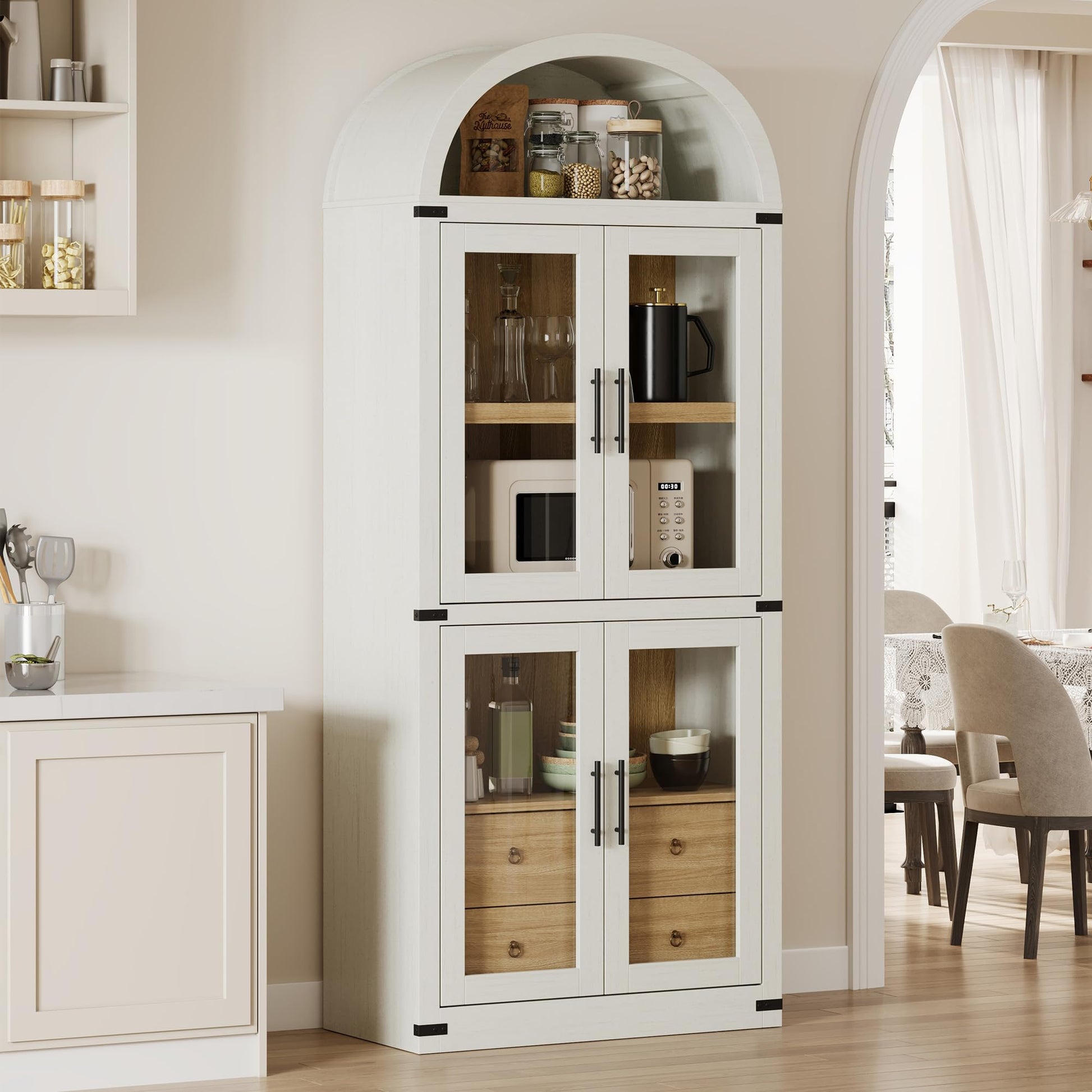 Libreria ad arco Garvee, stile fattoria, con ante e cassetti, per soggiorno e ufficio, alta 180 cm, in legno MDF, angoli in metallo, colore legno naturale.