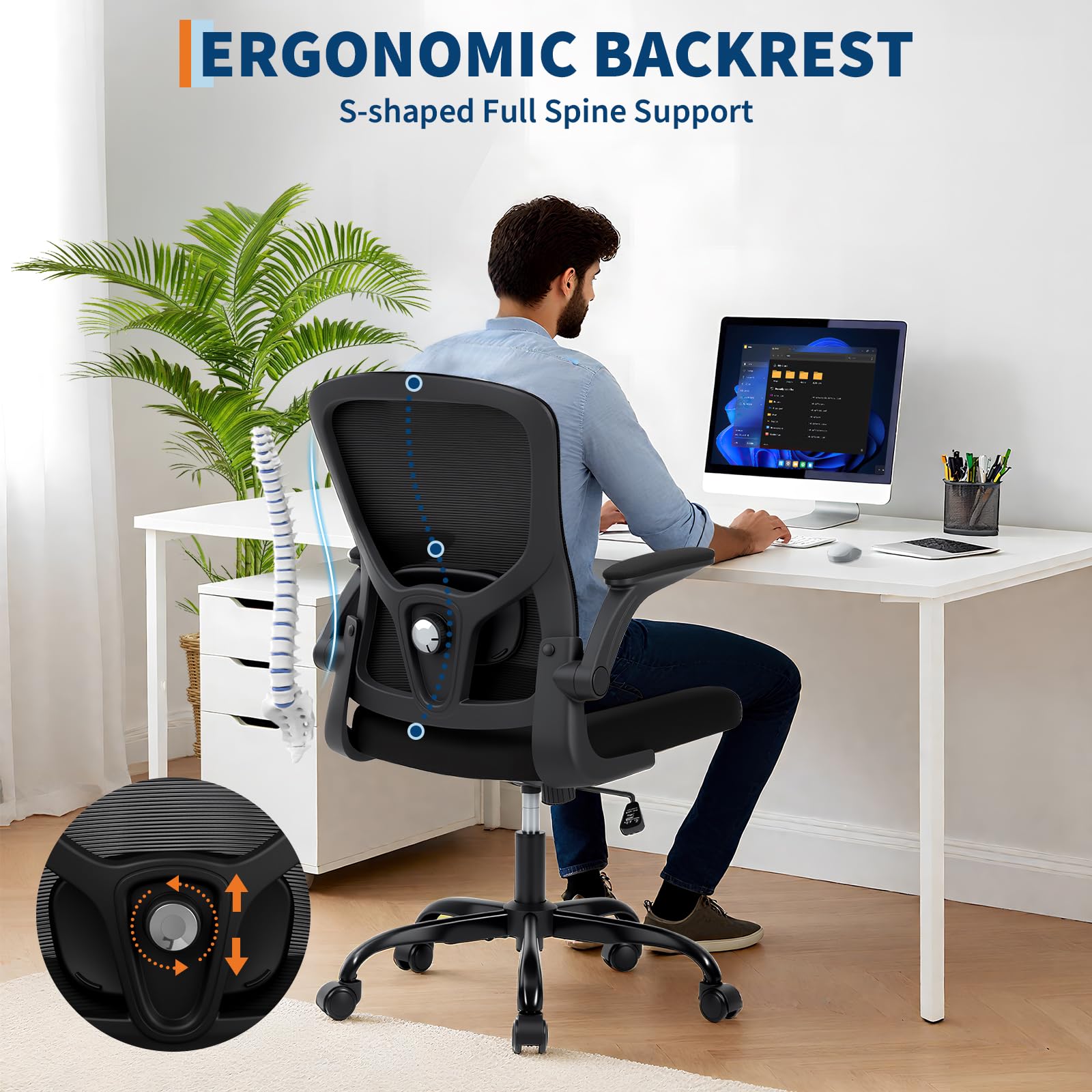 Sedia da ufficio ergonomica Garvee in rete con braccioli 2D e supporto lombare per ufficio e home office, girevole a 360°, stabile fino a 159 kg, nera