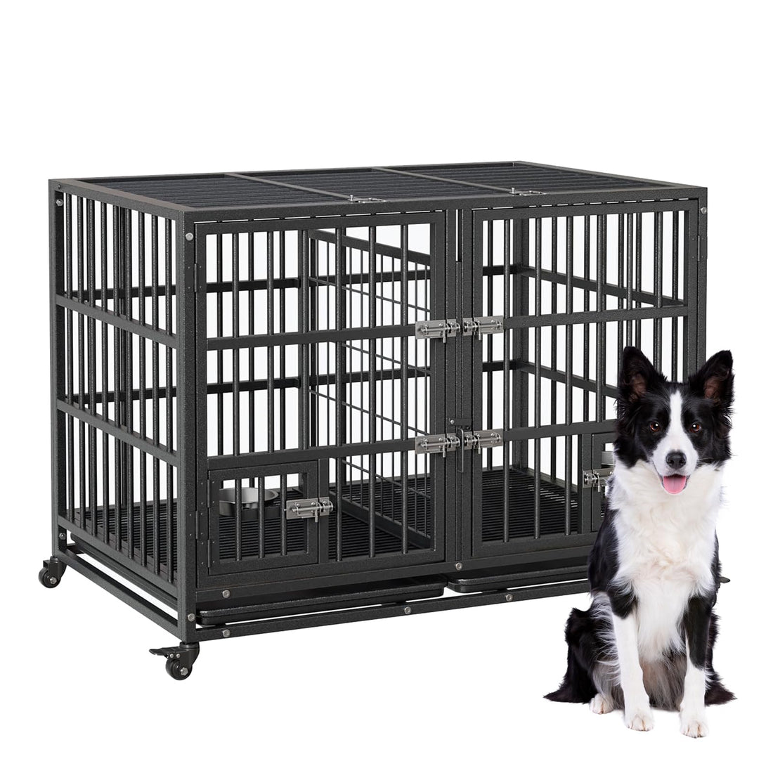 Garvee Trasportino per cani da 48 pollici con ruote, divisorio, robuste serrature, metallo, vassoio rimovibile per cani di piccola e grande taglia, per interni ed esterni, versatile, nero