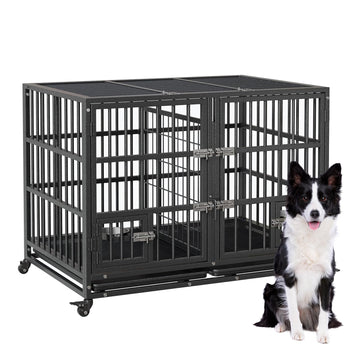 Garvee Trasportino per cani da 48 pollici con ruote, divisorio, robuste serrature, metallo, vassoio rimovibile per cani di piccola e grande taglia, per interni ed esterni, versatile, nero