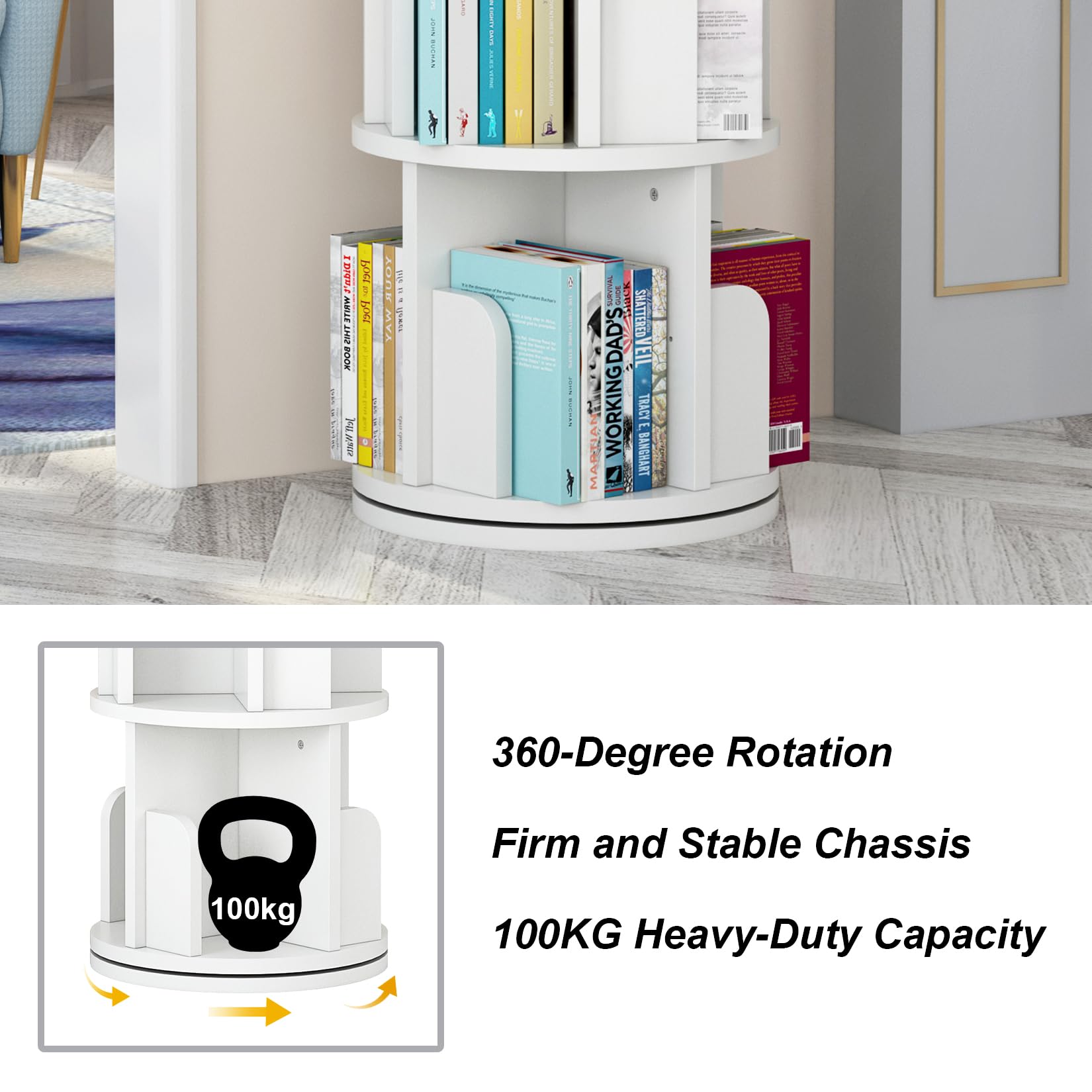 Libreria girevole Garvee da 51,2" in legno bianco, girevole a 360°, a 4 ripiani, resistente legno di pino, salvaspazio, versatile per camera da letto e soggiorno