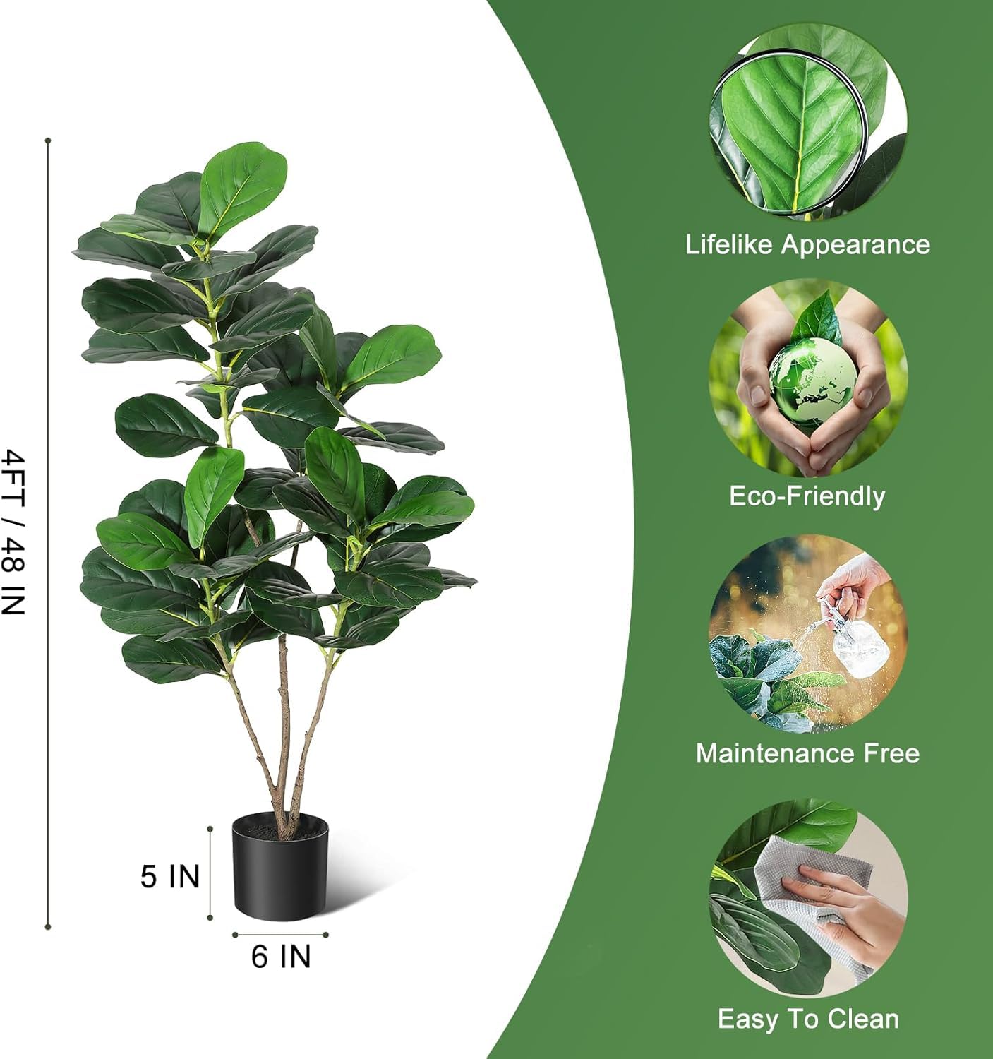 Albero di fico artificiale Garvee da 4 piedi con vaso in PP nero per la decorazione di casa e ufficio, design realistico, facile da pulire, resistente alle intemperie, materiale in seta