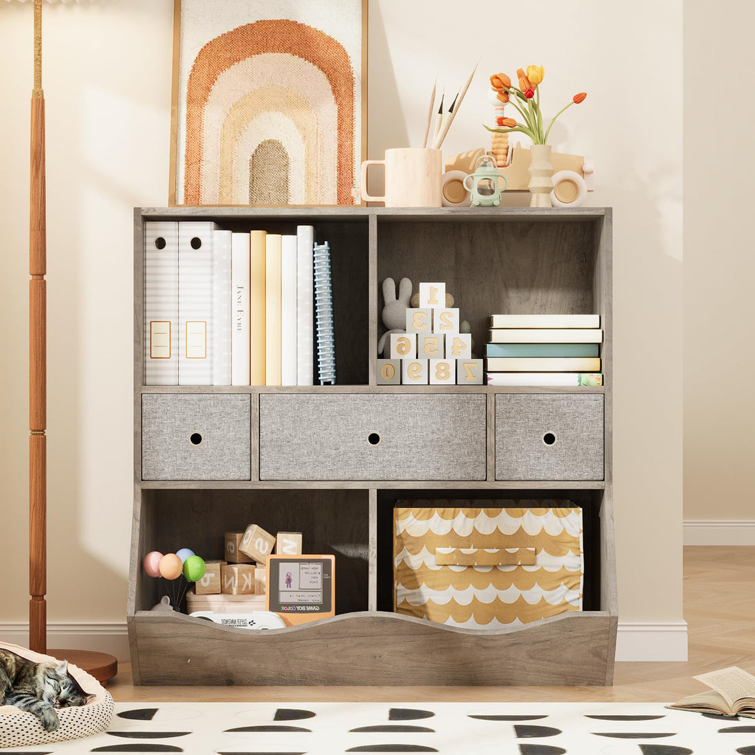 Garvee, grande contenitore per giocattoli per bambini a 7 scomparti con 3 cassetti per sala giochi e corridoio, grigio, 91,4 cm di lunghezza x 39,1 cm di larghezza x 91,4 cm di altezza