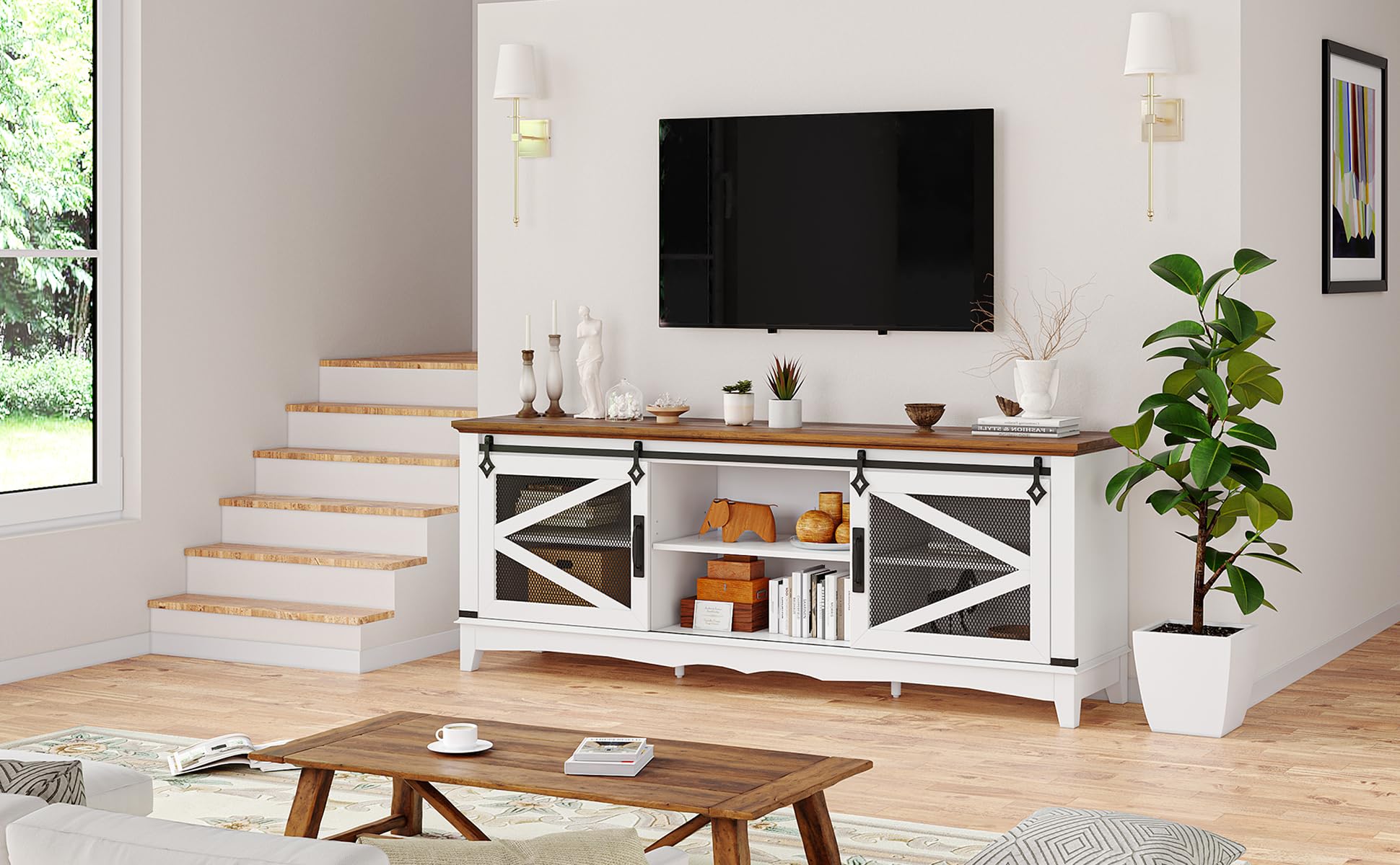 Mobile porta TV Garvee da 65" in stile rustico, bianco, con ante scorrevoli, ripiani regolabili per soggiorno, in MDF laminato