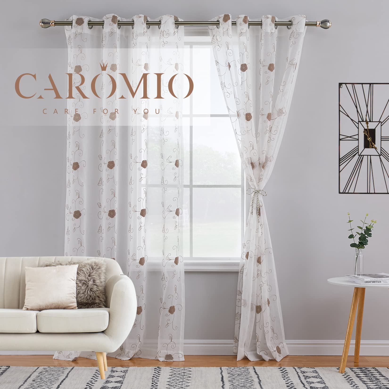 Tende in voile GARVEE con motivo floreale, semitrasparenti, in poliestere leggero, marrone, 140x245 cm, per cucina e bagno