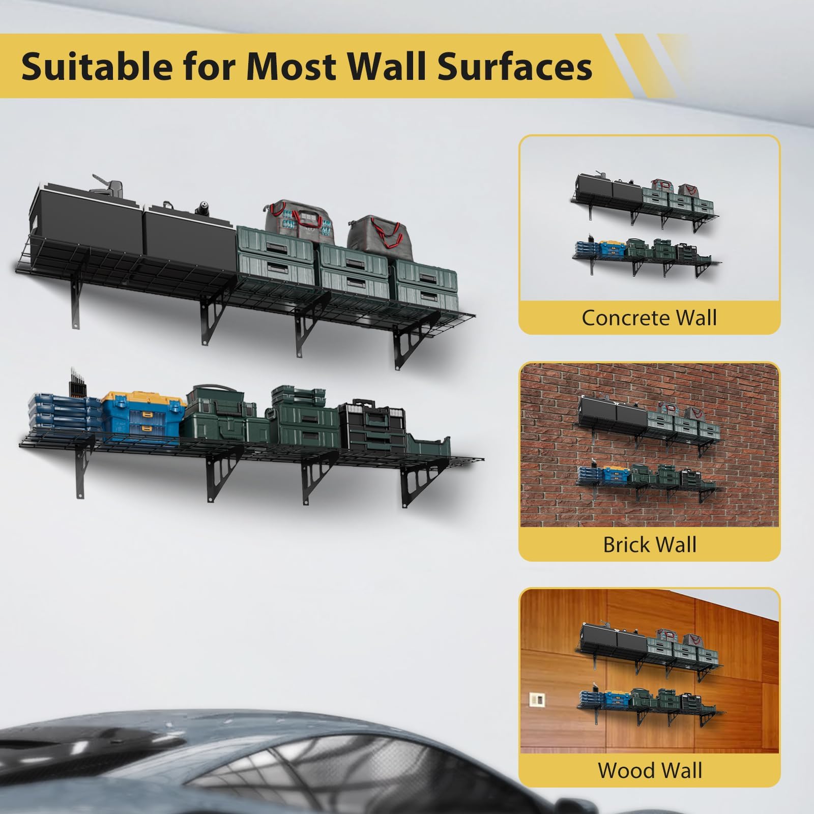 Mensola da parete Garvee da 2 pezzi, 1x6 piedi, in acciaio verniciato a polvere con ganci per officina e magazzino, 72"x12"x6", nera, capacità di carico di 600 libbre