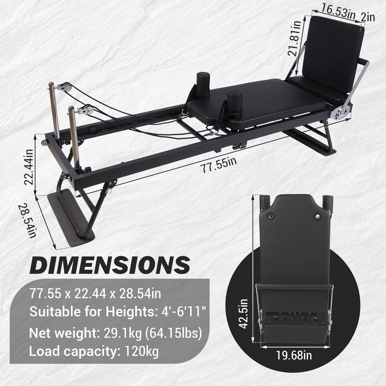 Garvee Pilates Reformer pieghevole con trampolino, 2 fasce di resistenza, struttura in metallo, regolabile, salvaspazio, allenamento a casa