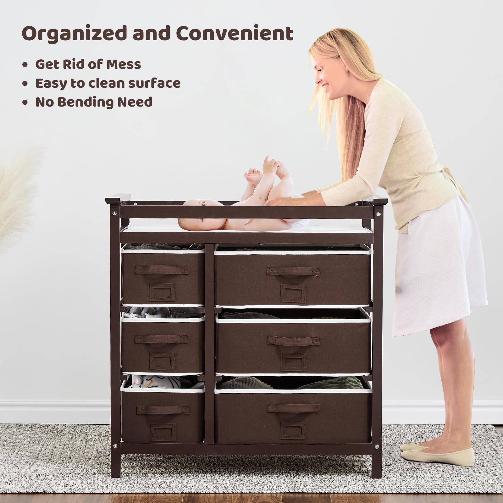 Fasciatoio Garvee con 6 cassetti, sponde di sicurezza, altezza regolabile per neonati e bambini, legno, tappetino impermeabile, facile da pulire