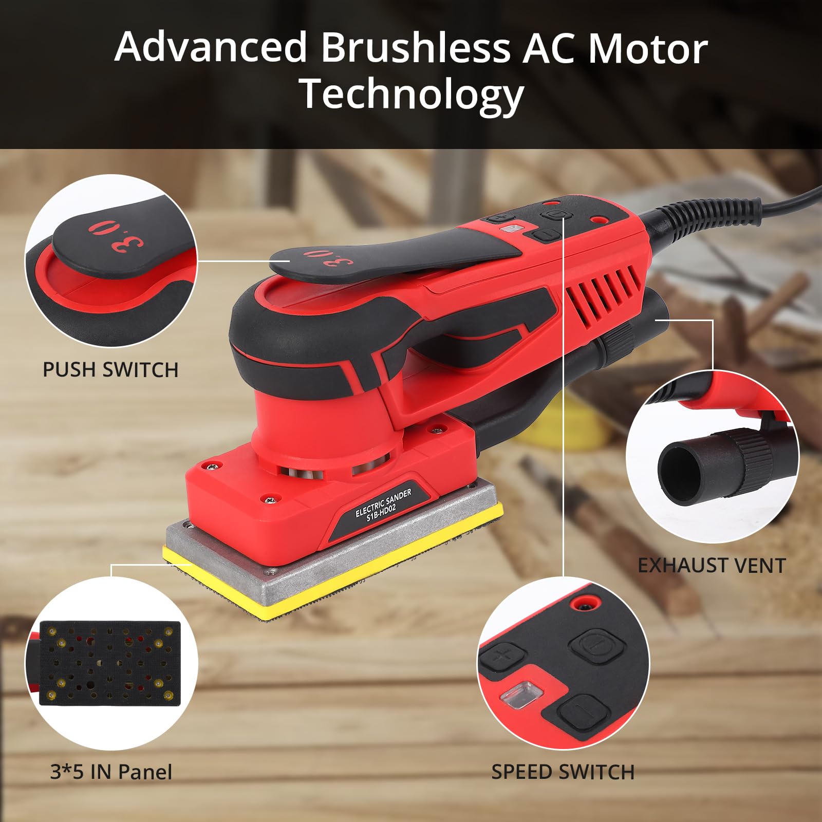 Levigatrice Elettrica Garvee Brushless 350W per Festa del Papà | 12 Fogli Abrasivi, 4000-10000 Giri/min, Multifunzione per Legno