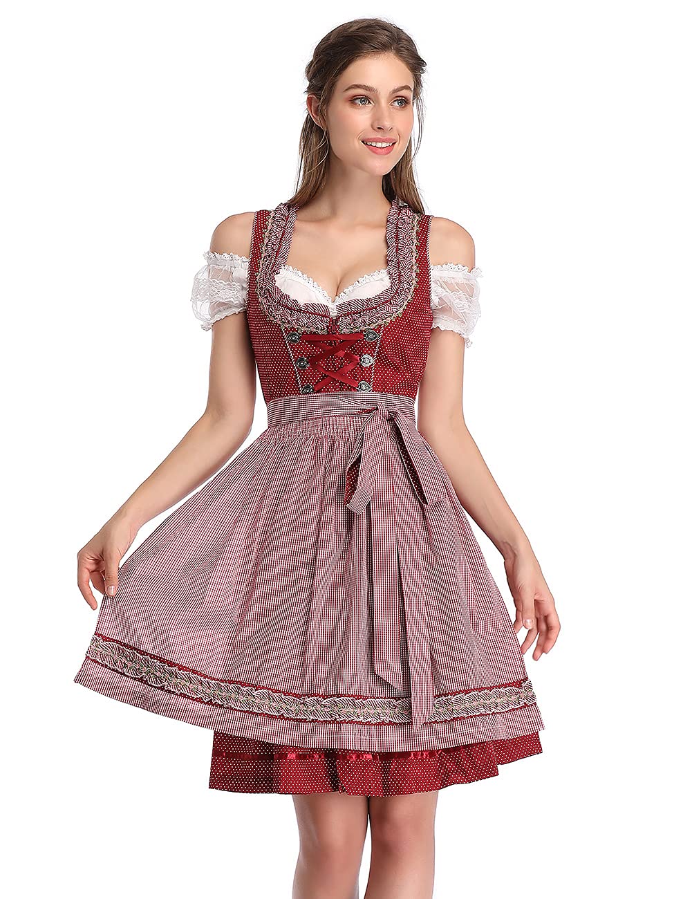 Abito Dirndl da donna Garvee Bavaria Oktoberfest, set da 3 pezzi, camicetta e grembiule, grembiule bavarese a maniche corte, abito da cameriera Oktoberfest, bordeaux a pois, taglia M