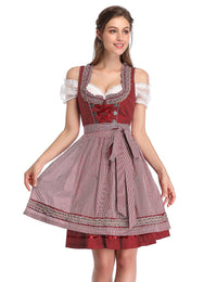 Abito Dirndl da donna Garvee Bavaria Oktoberfest, set da 3 pezzi, camicetta e grembiule, grembiule bavarese a maniche corte, abito da cameriera Oktoberfest, bordeaux a pois, taglia M