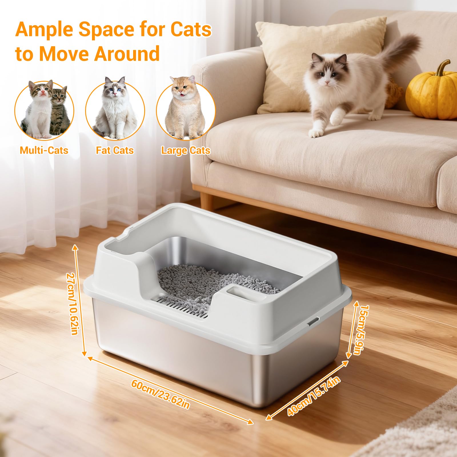 Garvee, grande lettiera per gatti in acciaio inox da 36 litri, semi-chiusa, con tappetino antiscivolo e paletta per lettiera, per famiglie con più gatti, 60x40x27 cm, bianco naturale