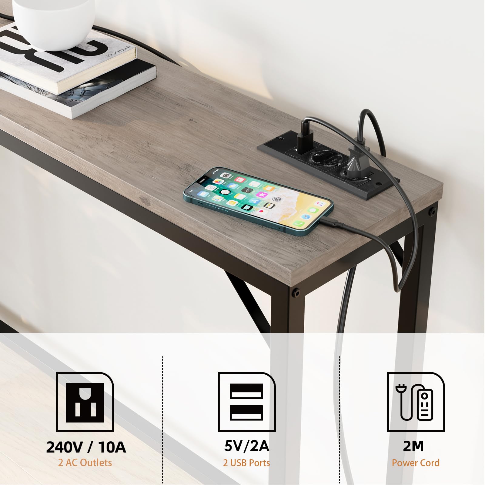 GARVEE Tavolo Consolle Stretto con Porta USB, 100x23x80 cm, Legno Vintage, Marrone e Nero, per Ingresso e Soggiorno