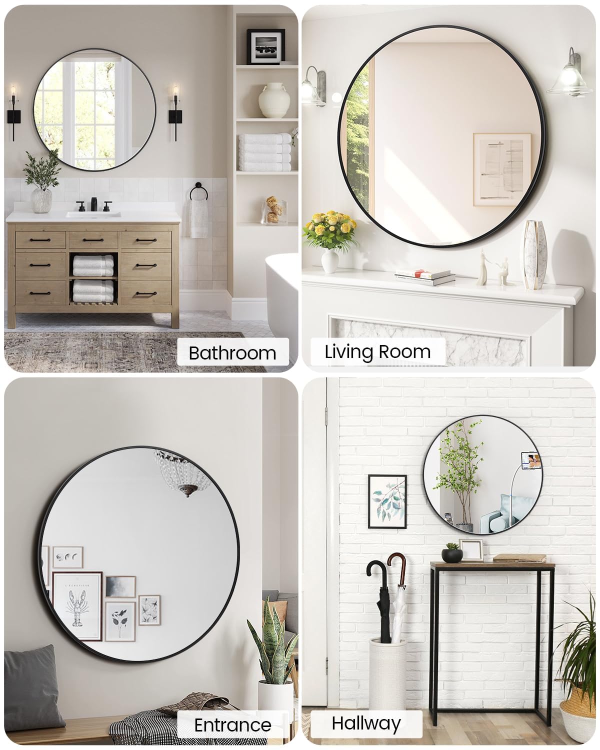 Specchio da parete rotondo Garvee da 24 pollici con cornice in metallo nero moderno per soggiorno, bagno e corridoio