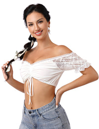 Camicetta Dirndl Garvee in pizzo bianco da donna, camicetta tradizionale, manica corta, spalle scoperte, per l'Oktoberfest, taglia 42