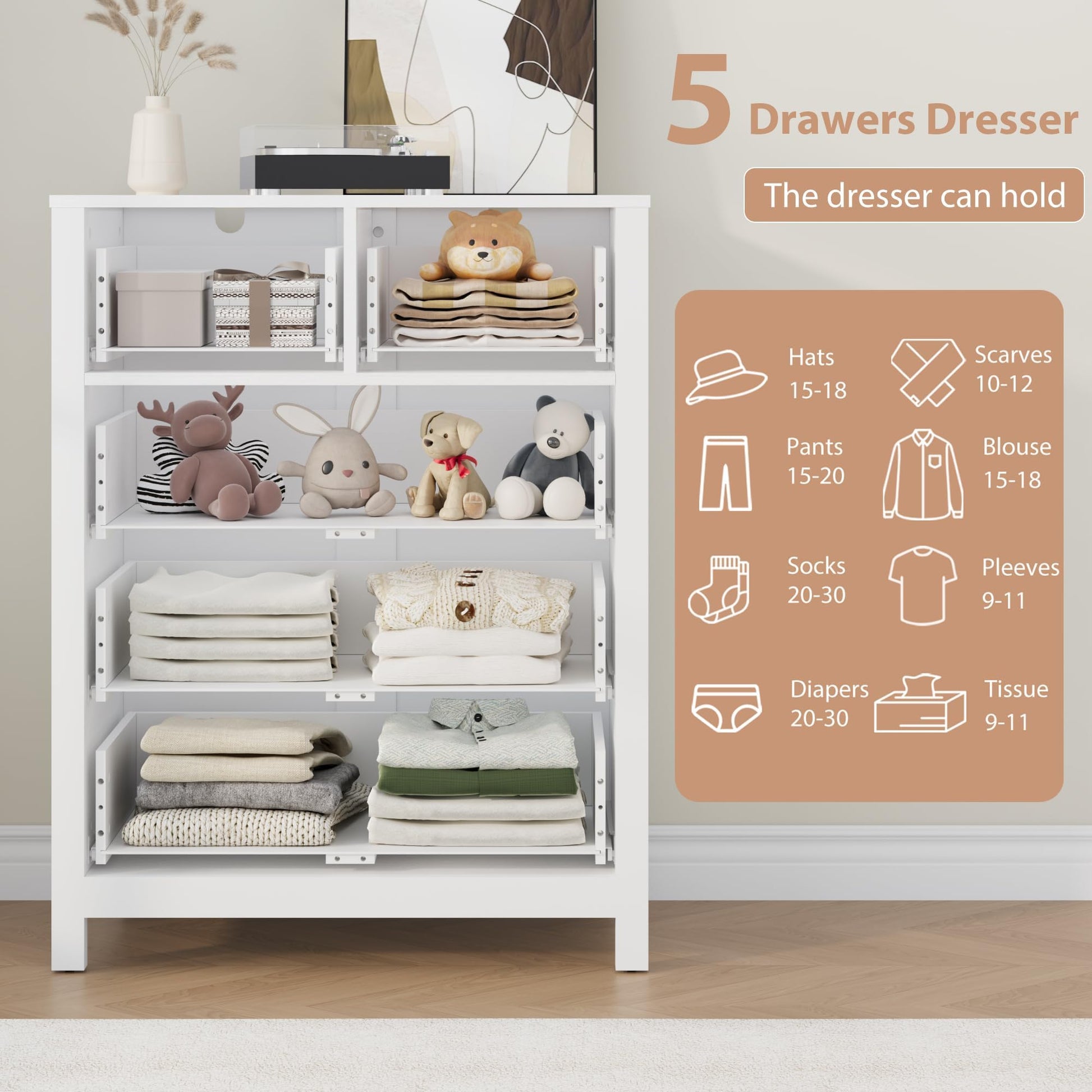 Cassettiera Garvee bianca a 5 cassetti per camera da letto, cameretta e corridoio, 15,6"P x 29"L x 37"A, moderna, robusta e versatile