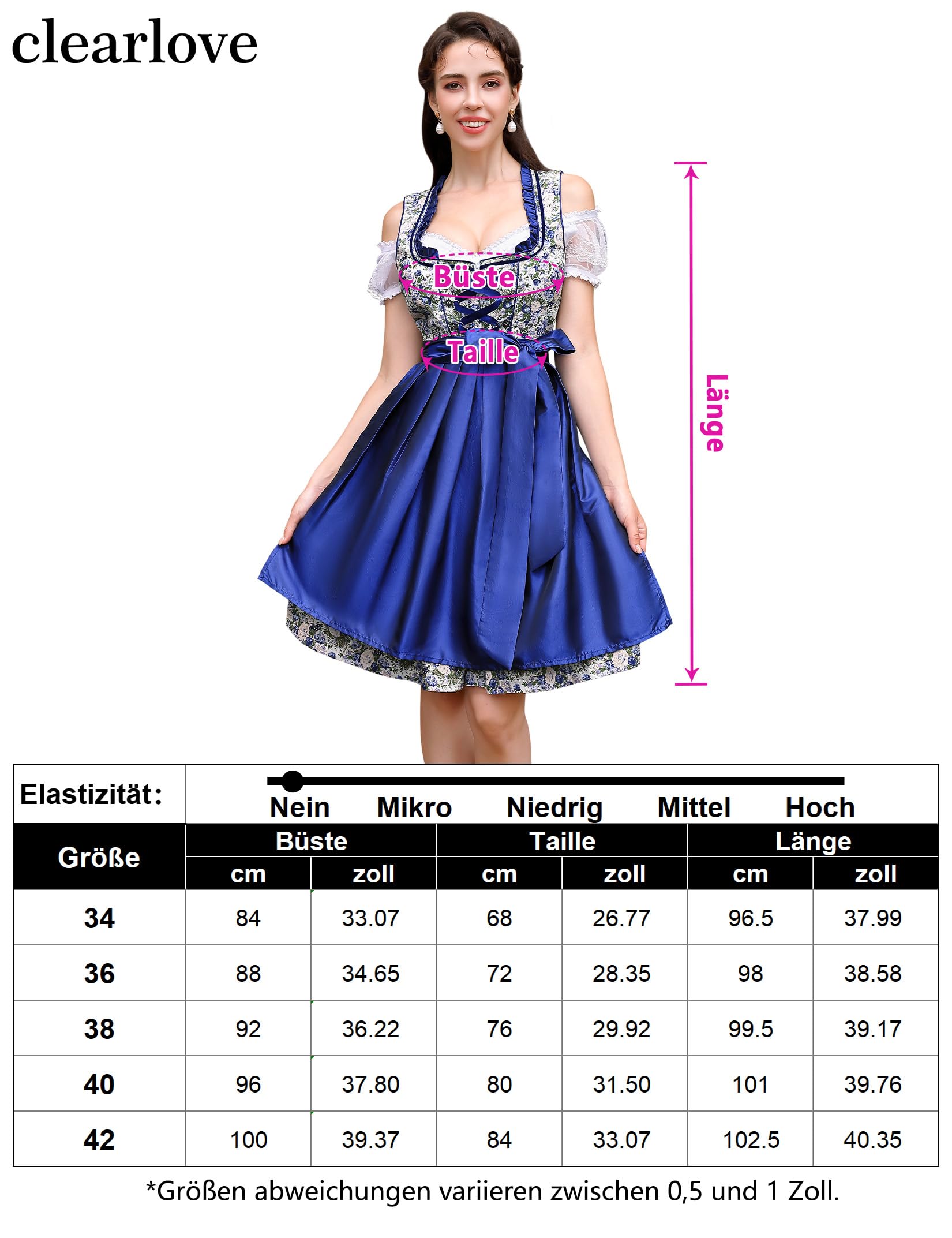 Garvee - Vestito tradizionale da donna Dirndl Midi, 3 pezzi, blu floreale, per il carnevale dell'Oktoberfest, taglia 36