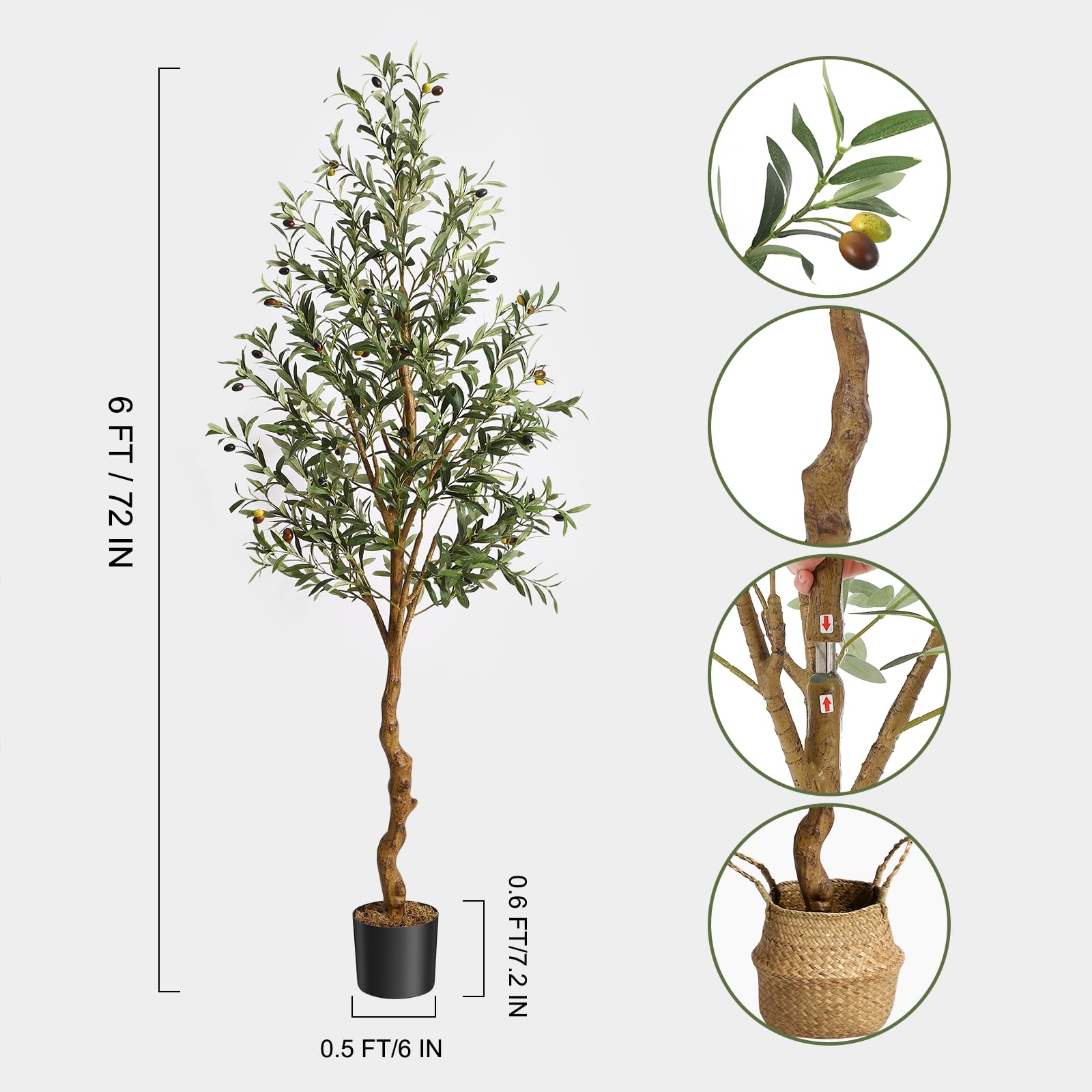 Ulivo Garvee da 6 piedi - Materiale in seta, per soggiorno e ufficio, design realistico, facile da pulire, decorazione per interni