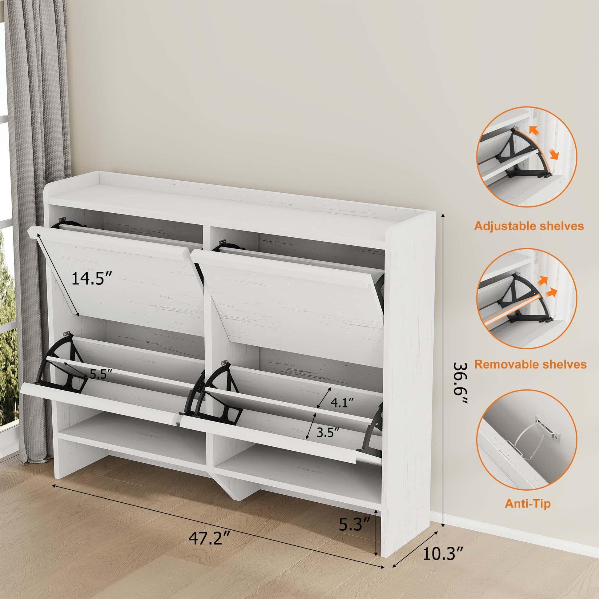 Garvee Mobile Porta Scarpe con 4 Cassetti Ribaltabili, Organizzatore in MDF Bianco per Ingresso e Soggiorno, Salvaspazio, 47.2"x10.3"x36.6"