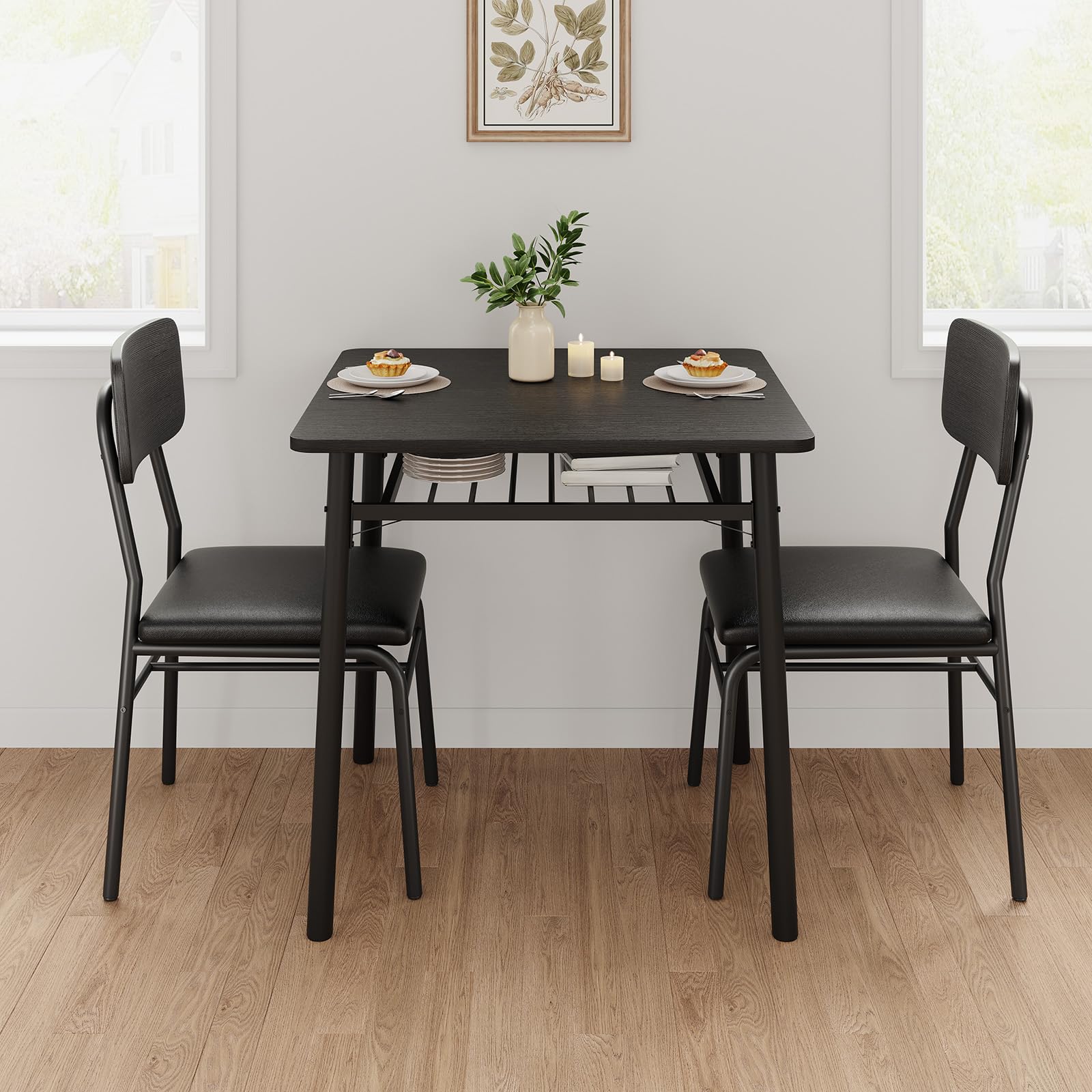 Set da pranzo Garvee per 2 persone con contenitore, struttura in metallo, sedie imbottite, piano in legno MDF, nero, salvaspazio per piccoli appartamenti
