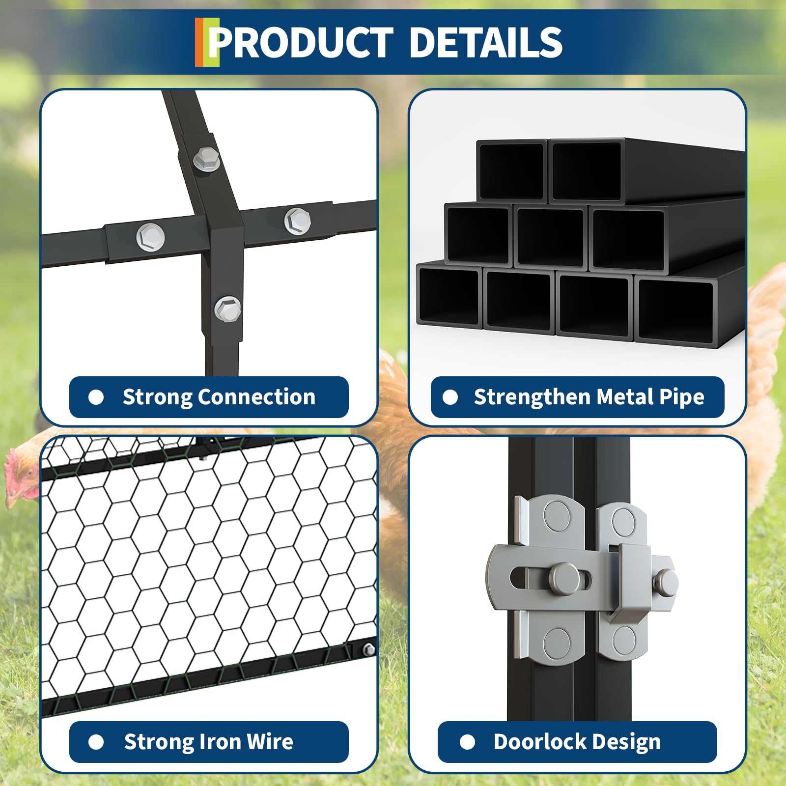 Pollaio Garvee Large 120 x 40 x 40 pollici con 3 porte, acciaio zincato, resistente alle intemperie per polli, conigli, anatre, sicuro, impermeabile