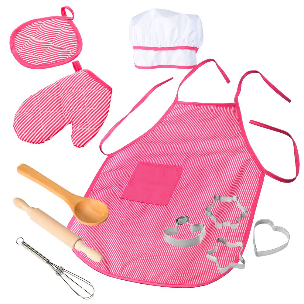 Set da cucina per bambini Garvee, 11 pezzi, con cappello da cuoco a righe rosse e grembiule per giochi di ruolo in cucina, lavabile, sicuro, rosso