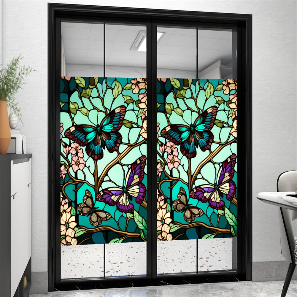 Pellicola per la privacy delle finestre Garvee, motivo floreale a farfalla, rimovibile, protezione UV, per bagno e camera da letto, 45x100 cm, trasparente