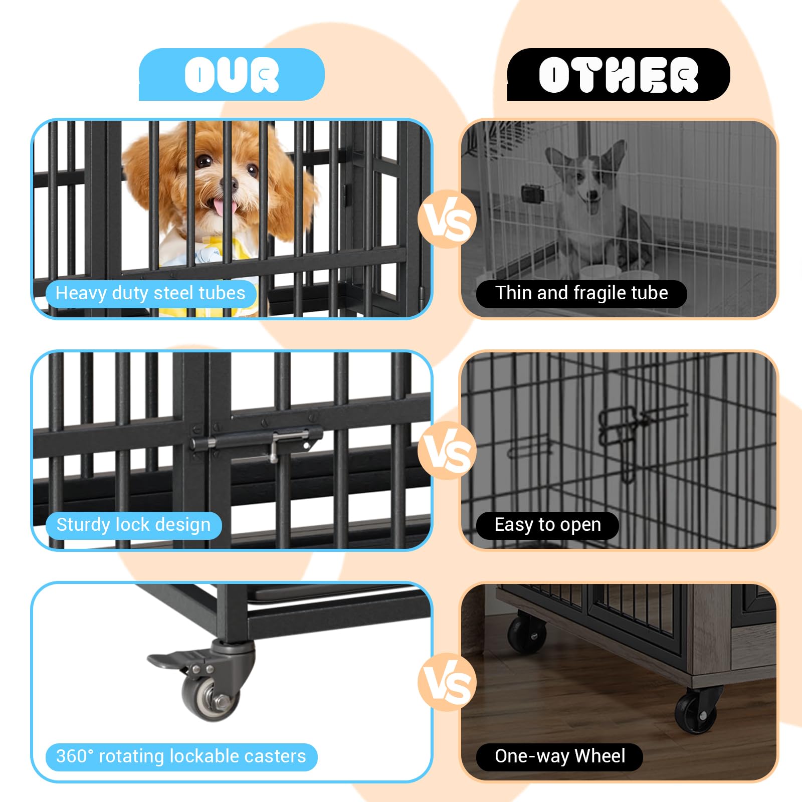 Garvee Heavy Duty Dog Crate da 42,5 pollici con doppie porte, ruote girevoli a 360°, metallo, vassoio rimovibile, pieghevole, per cani di piccola e grande taglia, per interni