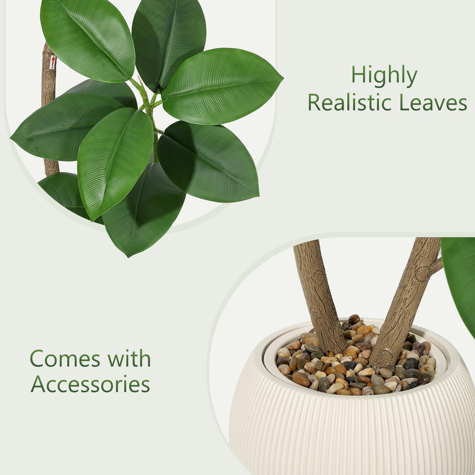 Albero di gomma artificiale Garvee da 6 piedi con fioriera in resina a sfera bianco sporco per soggiorno e ufficio, resistente ai raggi UV, foglie realistiche, durevole, beige