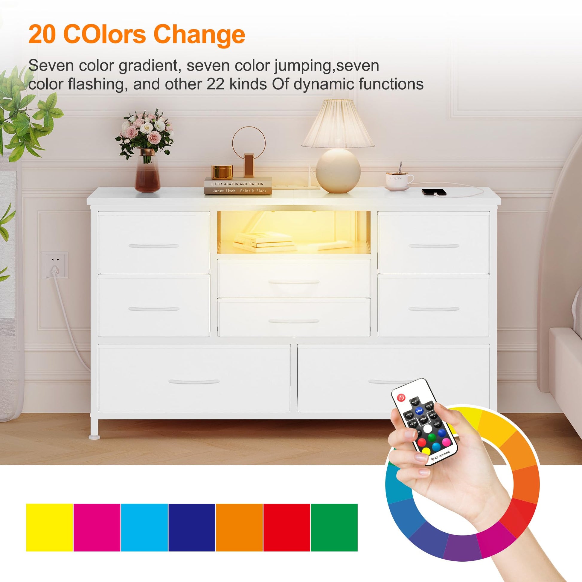 Mobile TV Garvee a 8 cassetti con illuminazione a LED e presa di corrente per soggiorno e camera da letto, bianco, ampio spazio di archiviazione