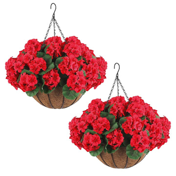 Garvee Set di 2 fiori di geranio artificiali, resistenti alle intemperie, cestino marrone, da appendere, per giardino e patio, realistici, rossi