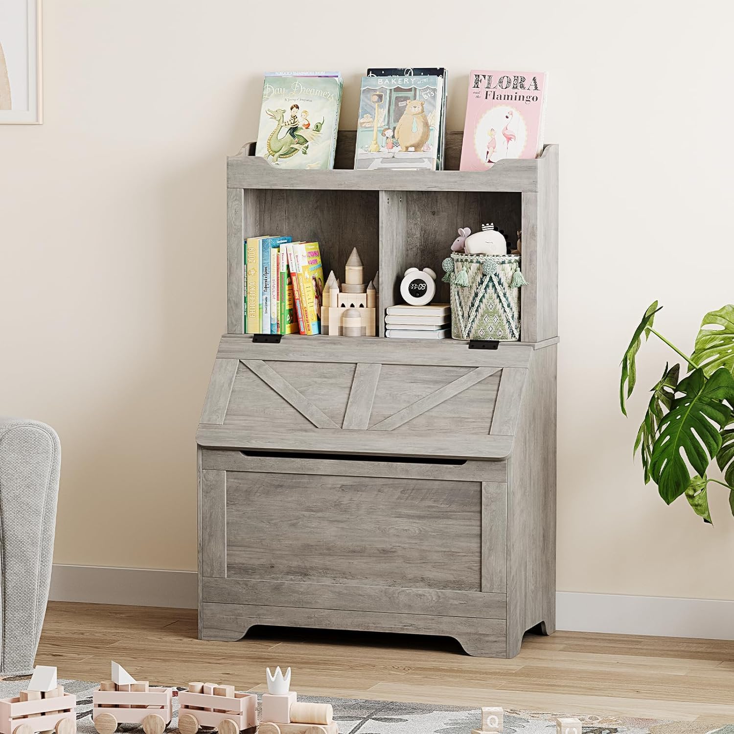 Libreria per bambini Garvee con coperchio incernierato, 2 ripiani, in legno, robusta e antigraffio, protezione antiribaltamento per sale giochi e camerette, grande, legno naturale