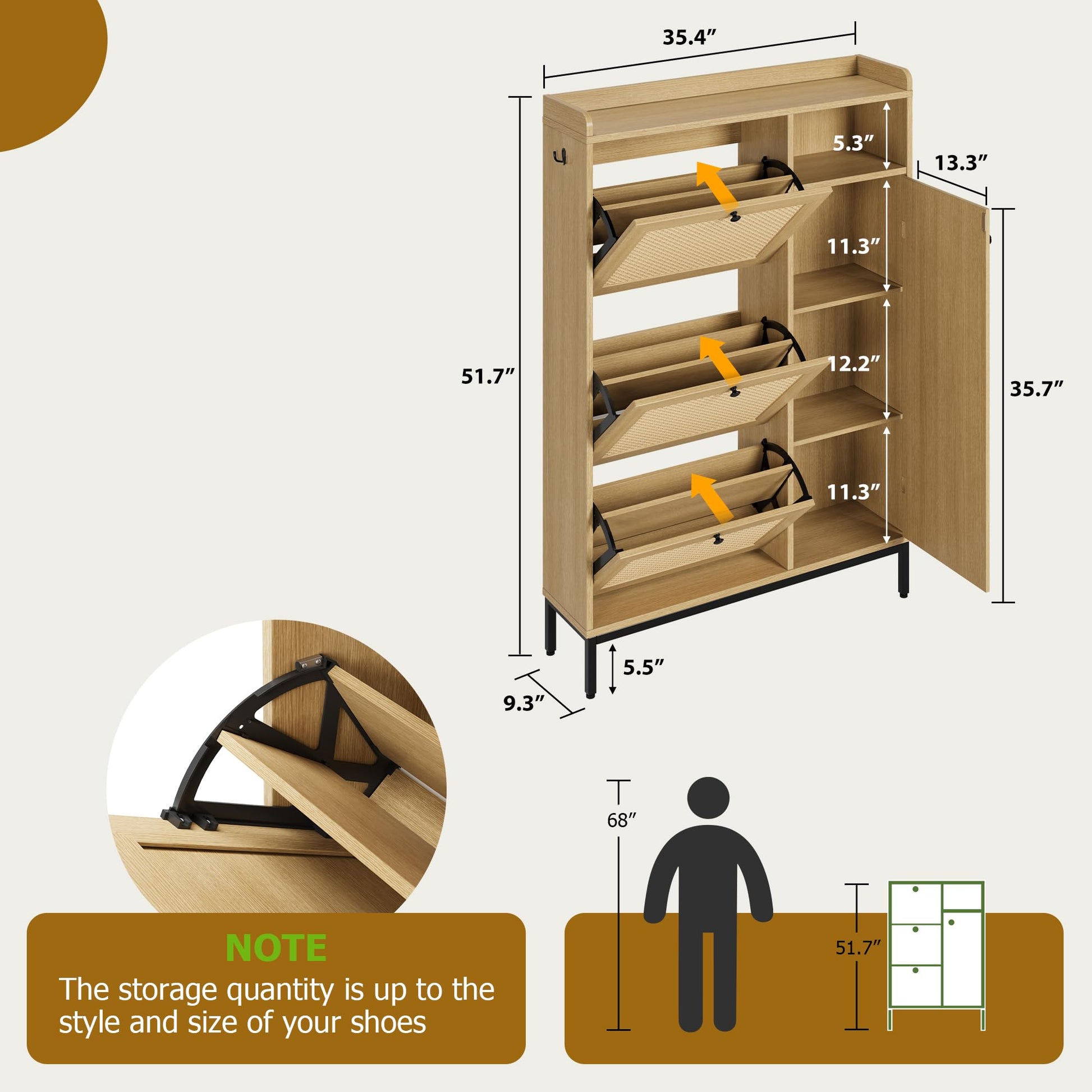 Scarpiera in rattan Garvee con 3 cassetti a scomparsa e ripiani regolabili a 4 livelli per corridoio e ingresso, rovere, grande