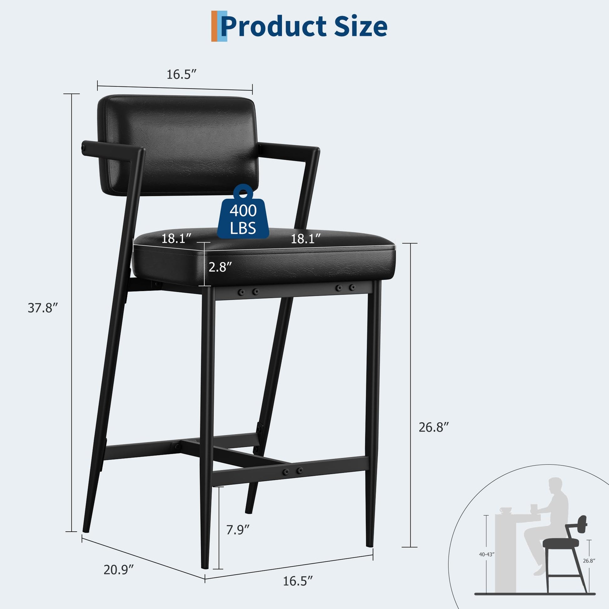 Set di 2 sgabelli da bar Garvee, sedia imbottita con schienale e poggiapiedi per cucina e bar, 26,8 pollici, pelle PU resistente all'acqua, nero