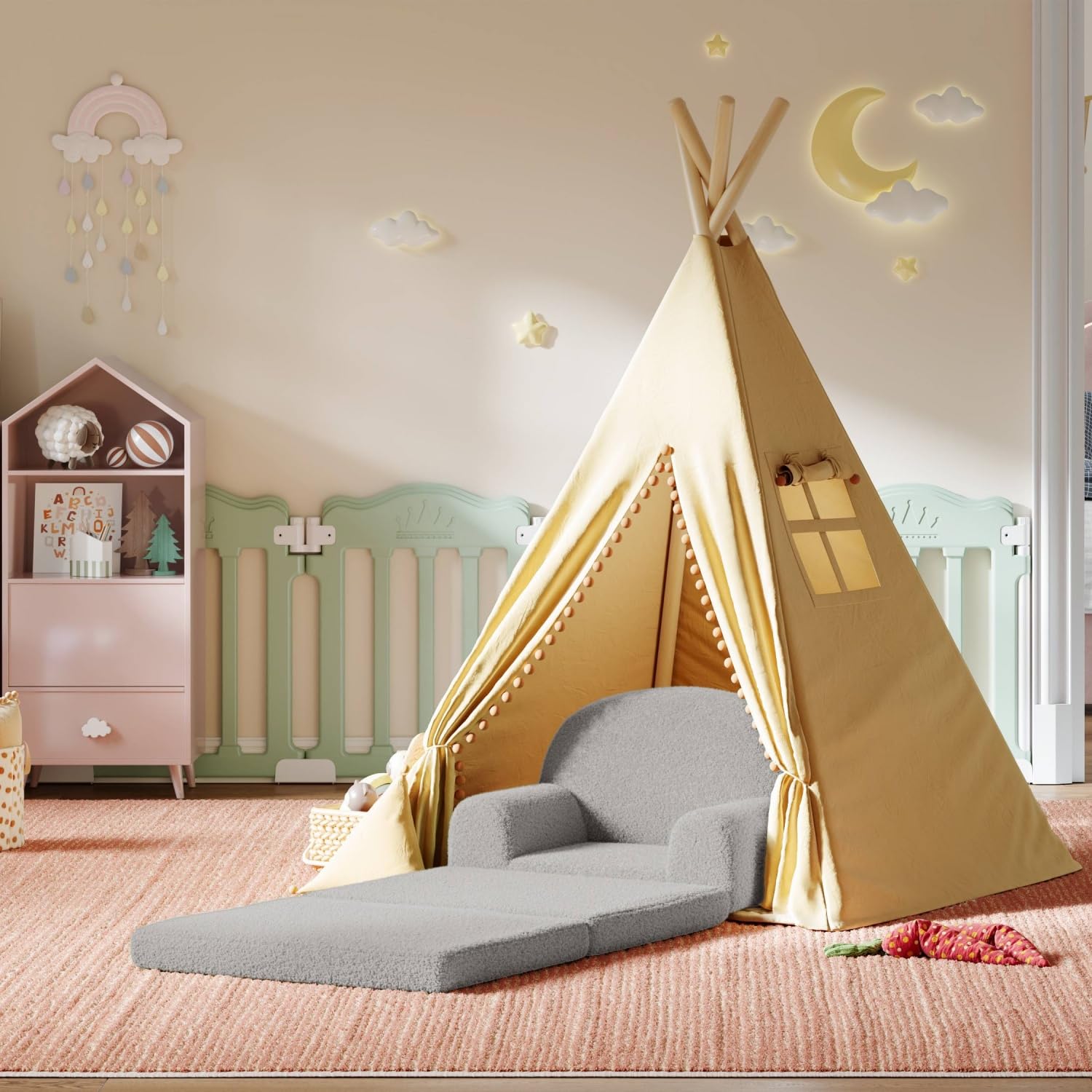 Divano per bambini Garvee 2 in 1, pieghevole, in pile, comodo e portatile, grigio, per sala giochi e camera da letto