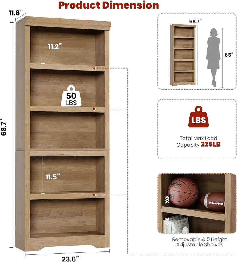 Garvee Libreria Rustica Alta 75" con 2-6 Ripiani Regolabili in MDF, Anti-Ribaltamento, per Soggiorno e Studio, Elegante Design Neutro