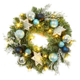 Ghirlanda natalizia Garvee da 18 pollici con 15 luci LED, PVC verde da 45 cm, stella bianca a sei punte, palline di Natale blu, anello di metallo per porta, parete, camino - Blu Argento
