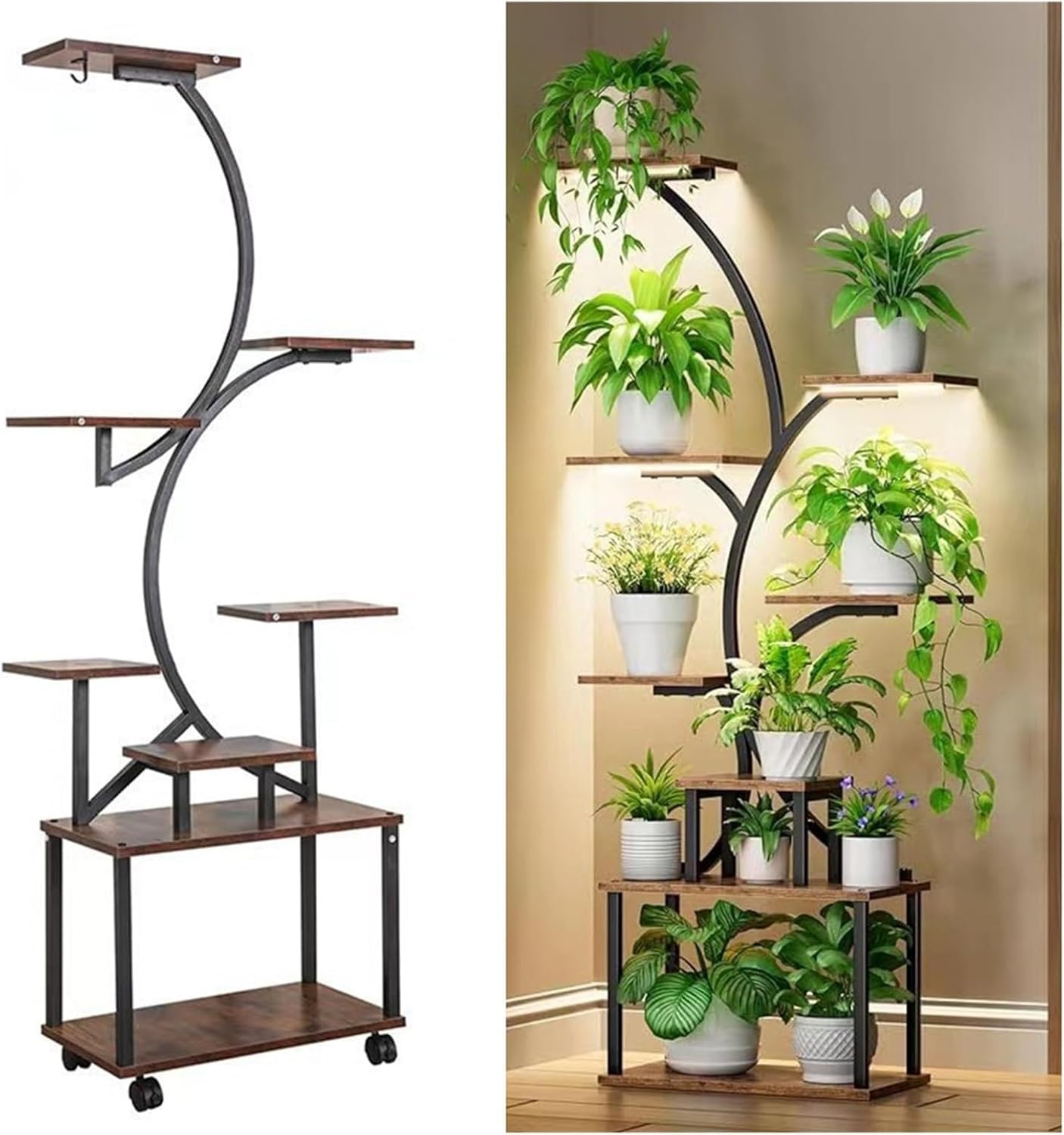 Supporto per piante Garvee con luce di coltivazione, 8 ripiani, metallo e legno, per interni, giardino, balcone, altezza 150 cm, nero