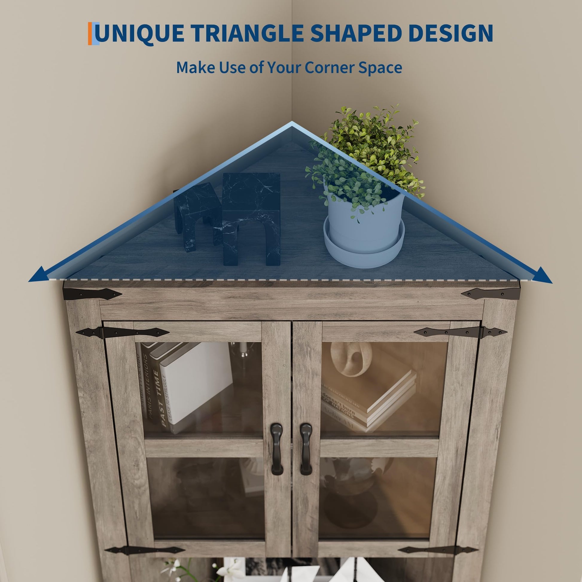 Mobiletto angolare alto Garvee in stile rustico con anta in vetro e ripiani regolabili per soggiorno e cucina, in legno impermeabile, salvaspazio, stabile, triangolare, bianco