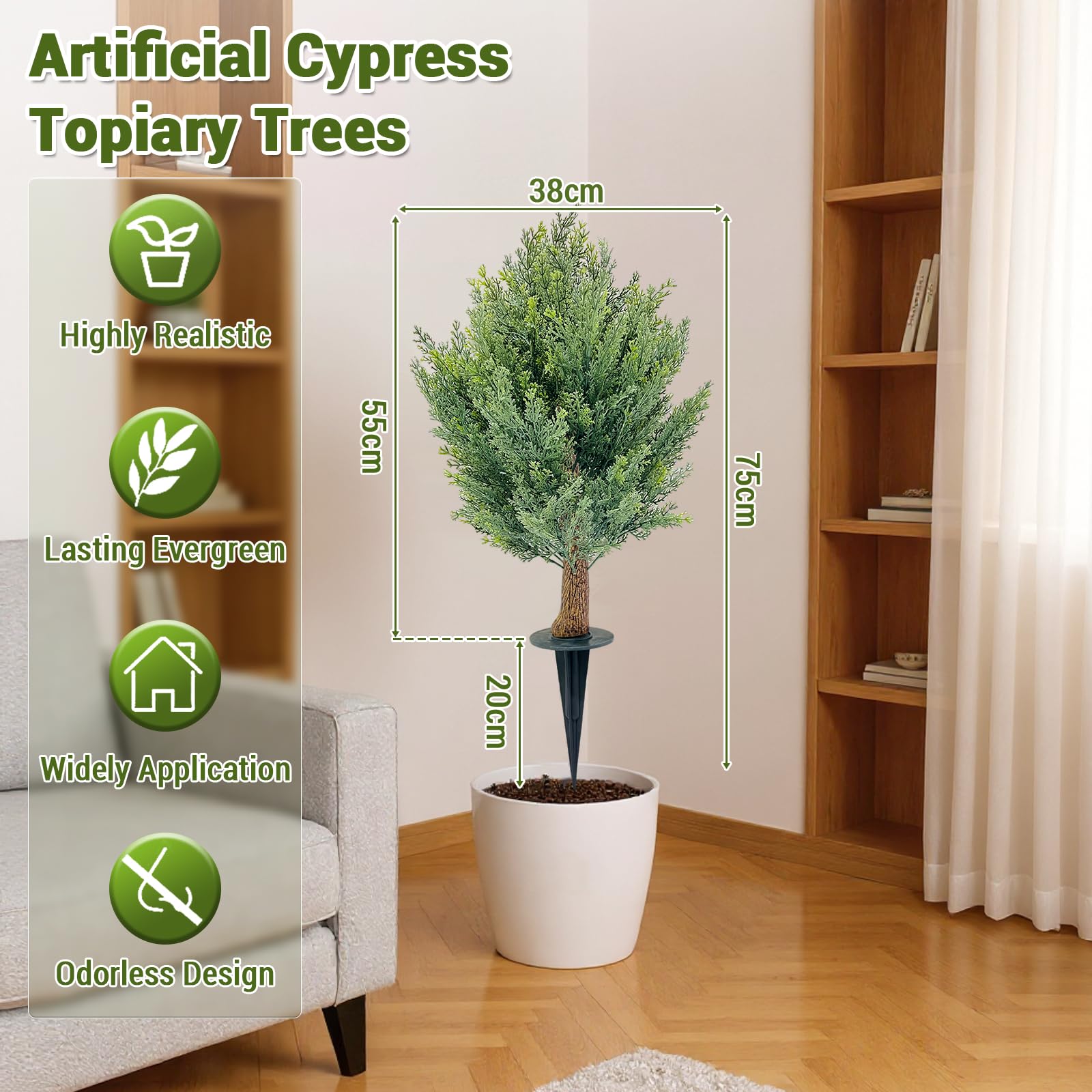 Garvee, set di alberi artificiali in cipresso da 30", resistenti ai raggi UV, tutte le intemperie, con picchetto, facili da pulire, per decorazioni da giardino interne ed esterne, verde