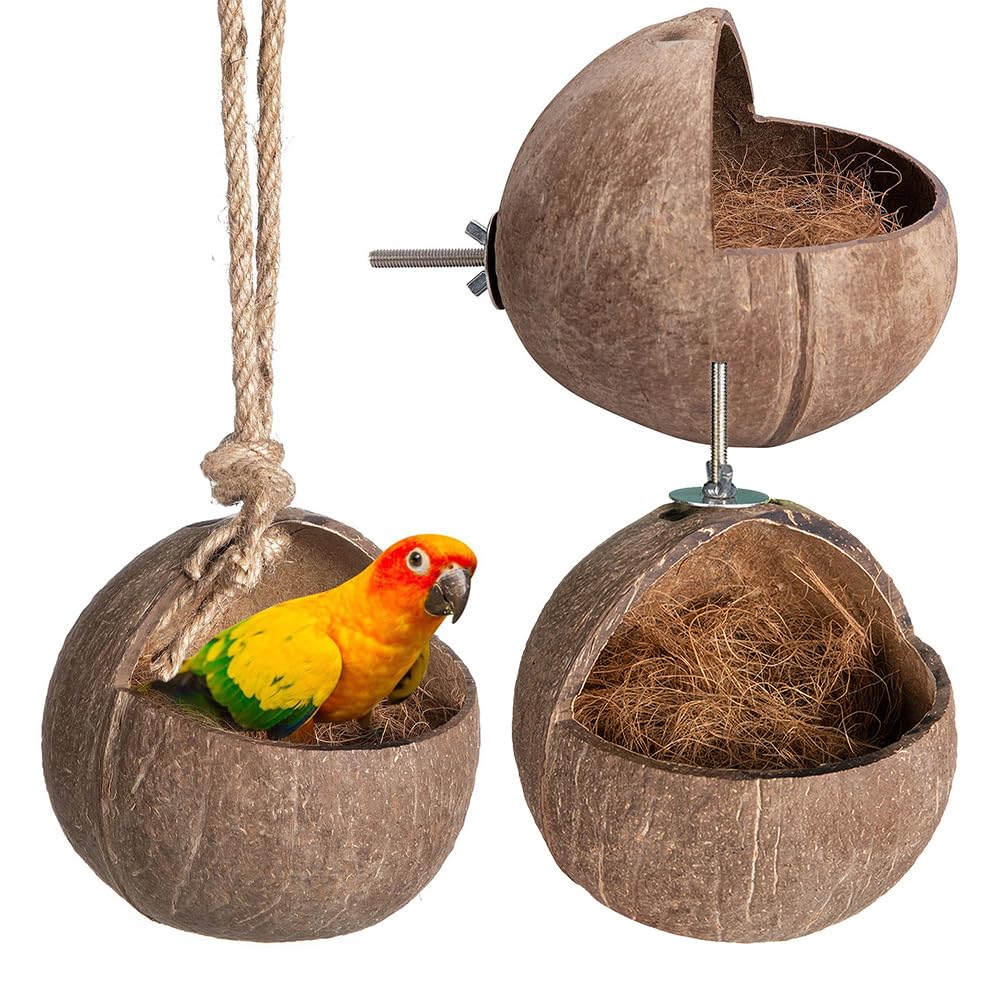 Casetta per uccelli in guscio di cocco Garvee – Materiale naturale, per uccelli, criceti, scoiattoli, 12x12 cm