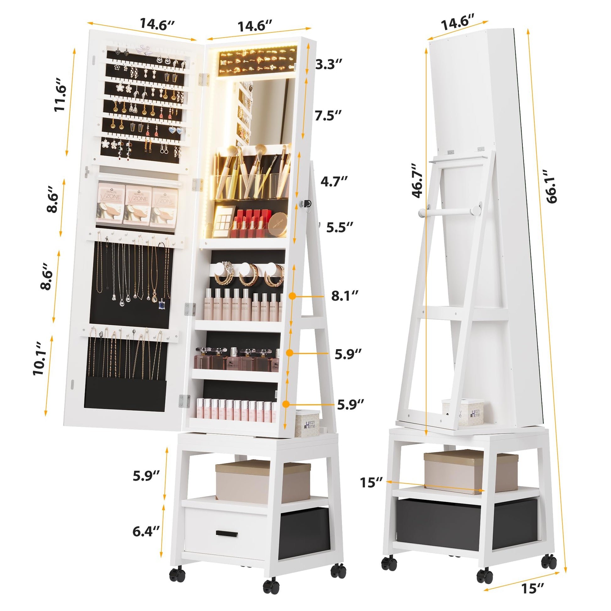 Mobiletto portagioie girevole a 360° Garvee con luci a LED, specchio per il trucco, specchio intero, rivestimento in velluto, bloccabile, con ruote, bianco - Ideale per camere da letto