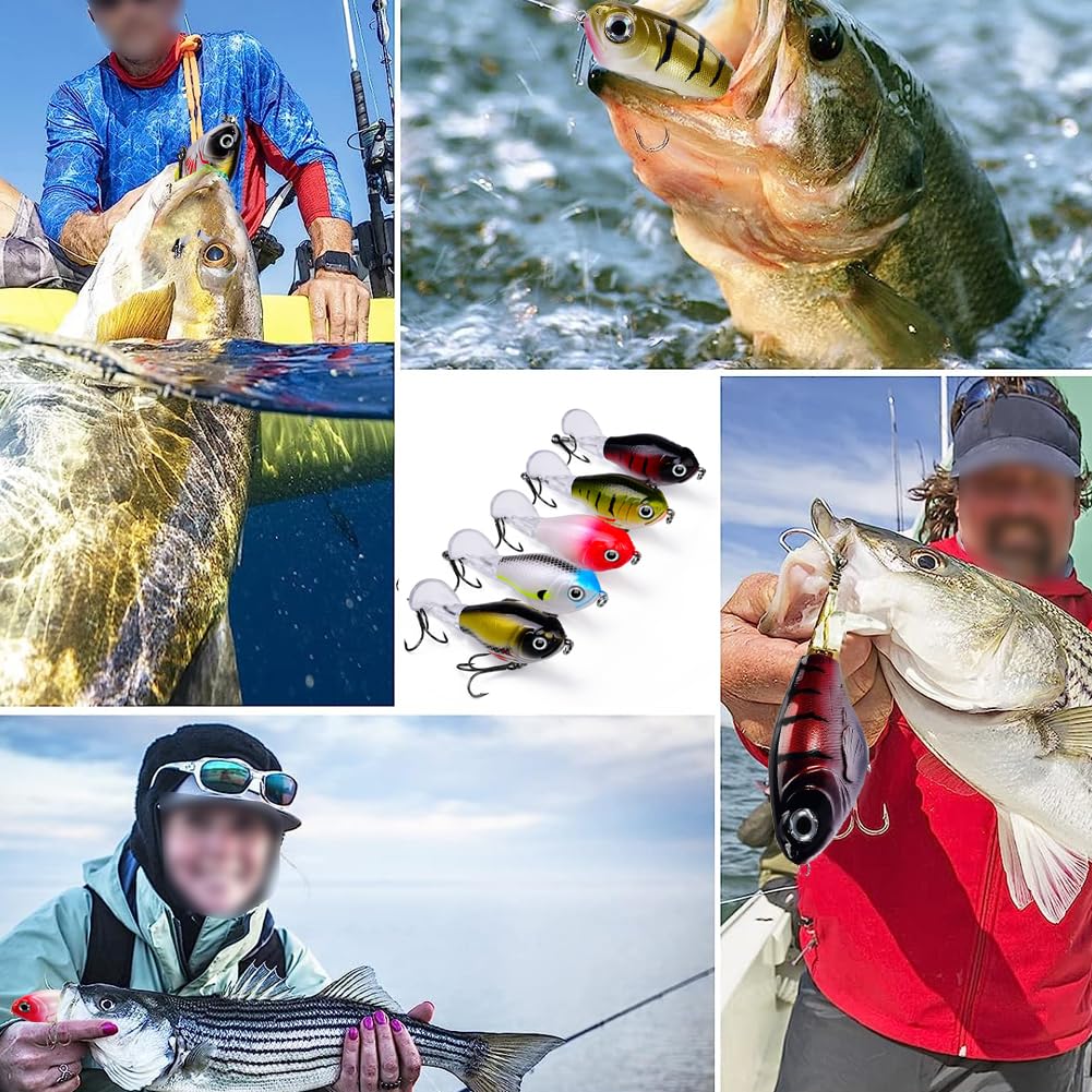 Set di esche da pesca Garvee Topwater, 5 pezzi, ami BKK, popper per acqua dolce e salata, 8 cm, 11,5 g, coda rotante